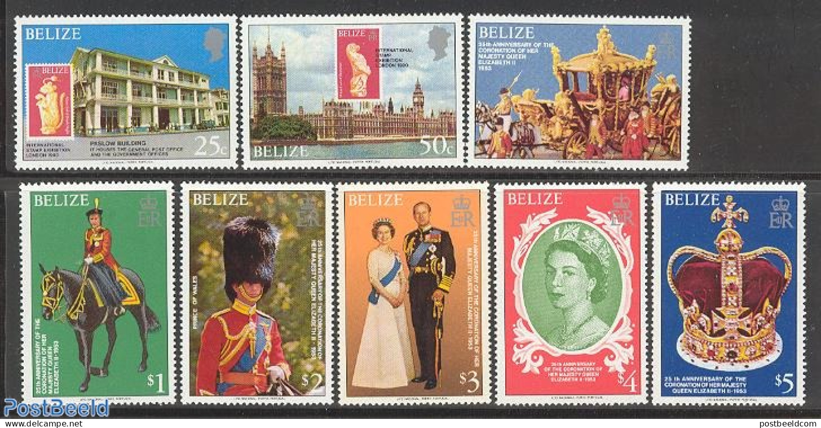 Belize/British Honduras 1979 Coronation Anniversary 8v, Mint NH, History - Transport - Various - Kings & Queens (Royal.. - Koniklijke Families