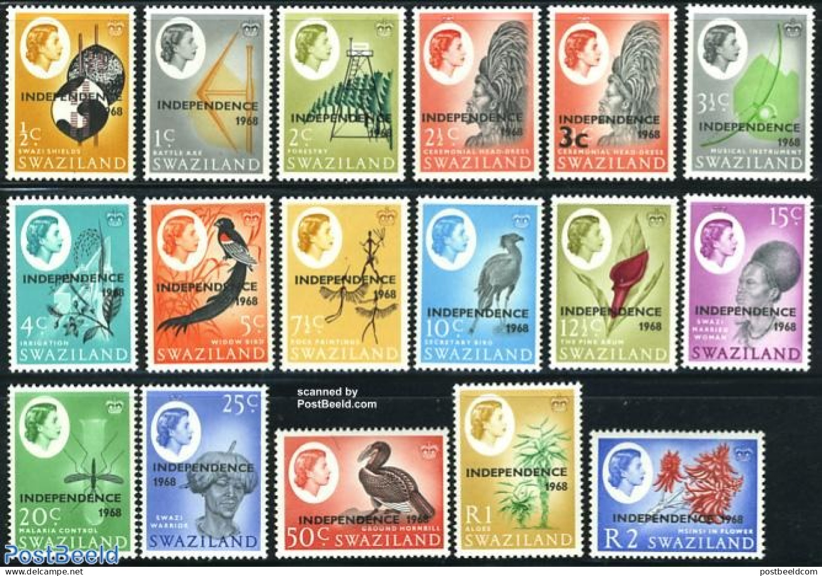 Eswatini/Swaziland 1968 Independence Overprints 17v, Mint NH, Nature - Birds - Swaziland (1968-...)