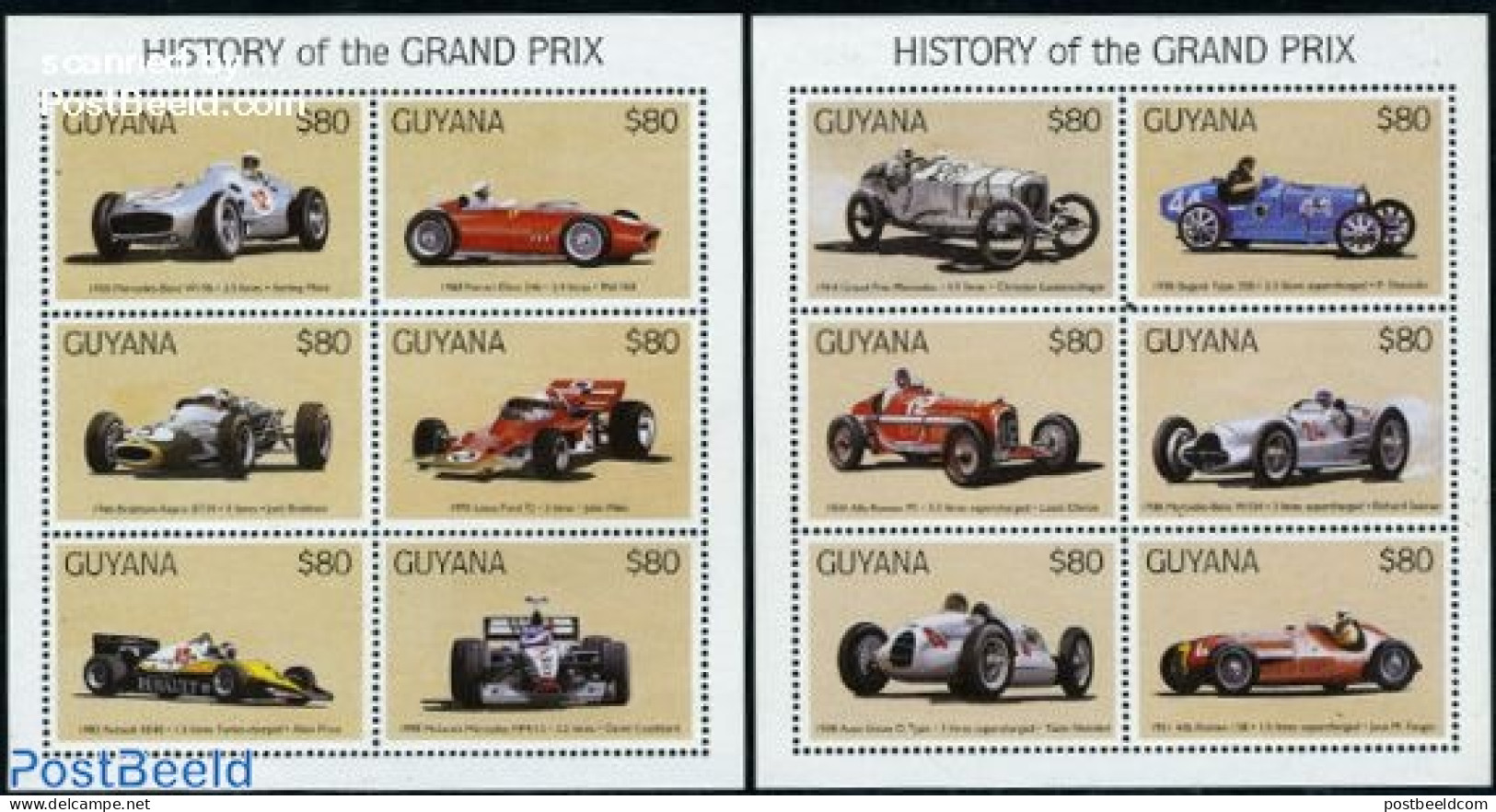 Guyana 1998 Motor Racing History 12v (2 M/s), Mint NH, Sport - Transport - Autosports - Automobiles - Ferrari - Coches