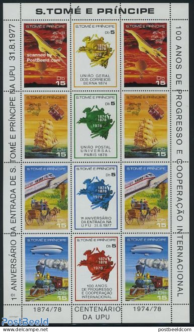 Sao Tome/Principe 1978 UPU Centenary 8v M/s, Mint NH, Transport - U.P.U. - Balloons - Concorde - Railways - Ships And .. - U.P.U.
