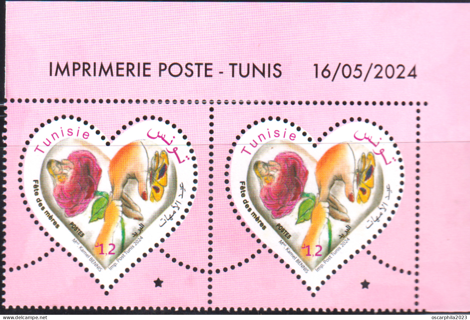 2024-Tunisie- Fête Des Mères -Femme- Enfant- Rose- Papillon- Mains- En Paire 2v Coin Daté   -.MNH****** - Fête Des Mères