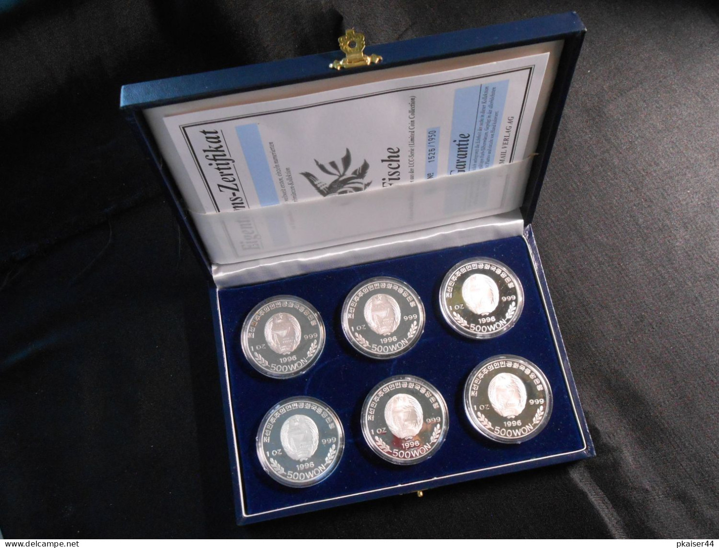 Nord Korea  1996  6 X Münzen In Kapsel / Etui / Zertifikat   Fische  Silber  6 Uz  999/1000  Proof   500 WON - Ric - Korea, North