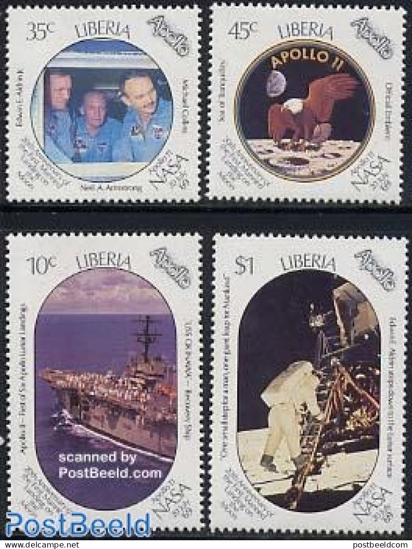 Liberia 1989 Moonlanding Anniversary 4v, Mint NH, Transport - Ships And Boats - Space Exploration - Bateaux