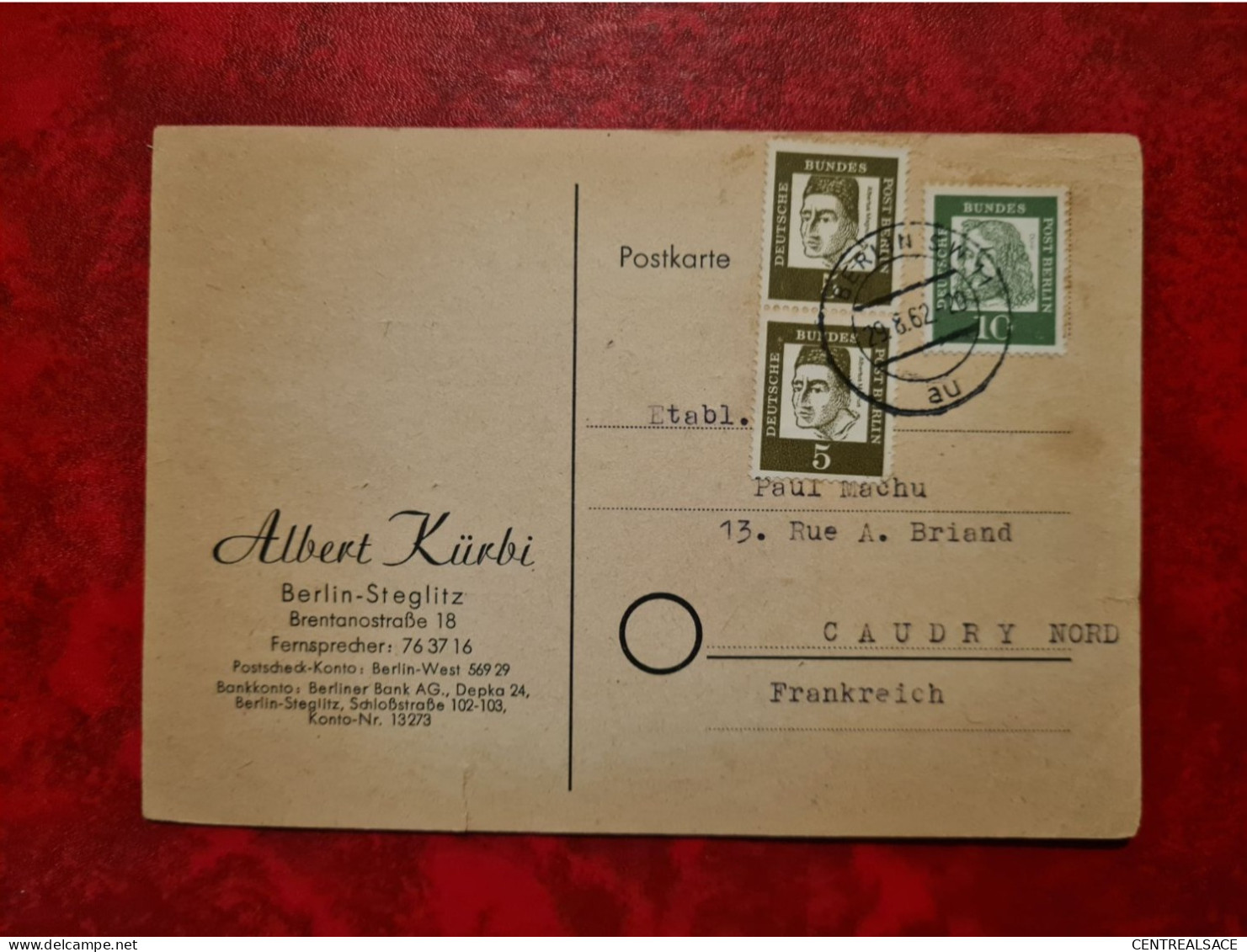 Lettre Allemagne 1962 CARTE ENTETE ALBERT KURBI BERLIN STEGLITZ - Sonstige & Ohne Zuordnung