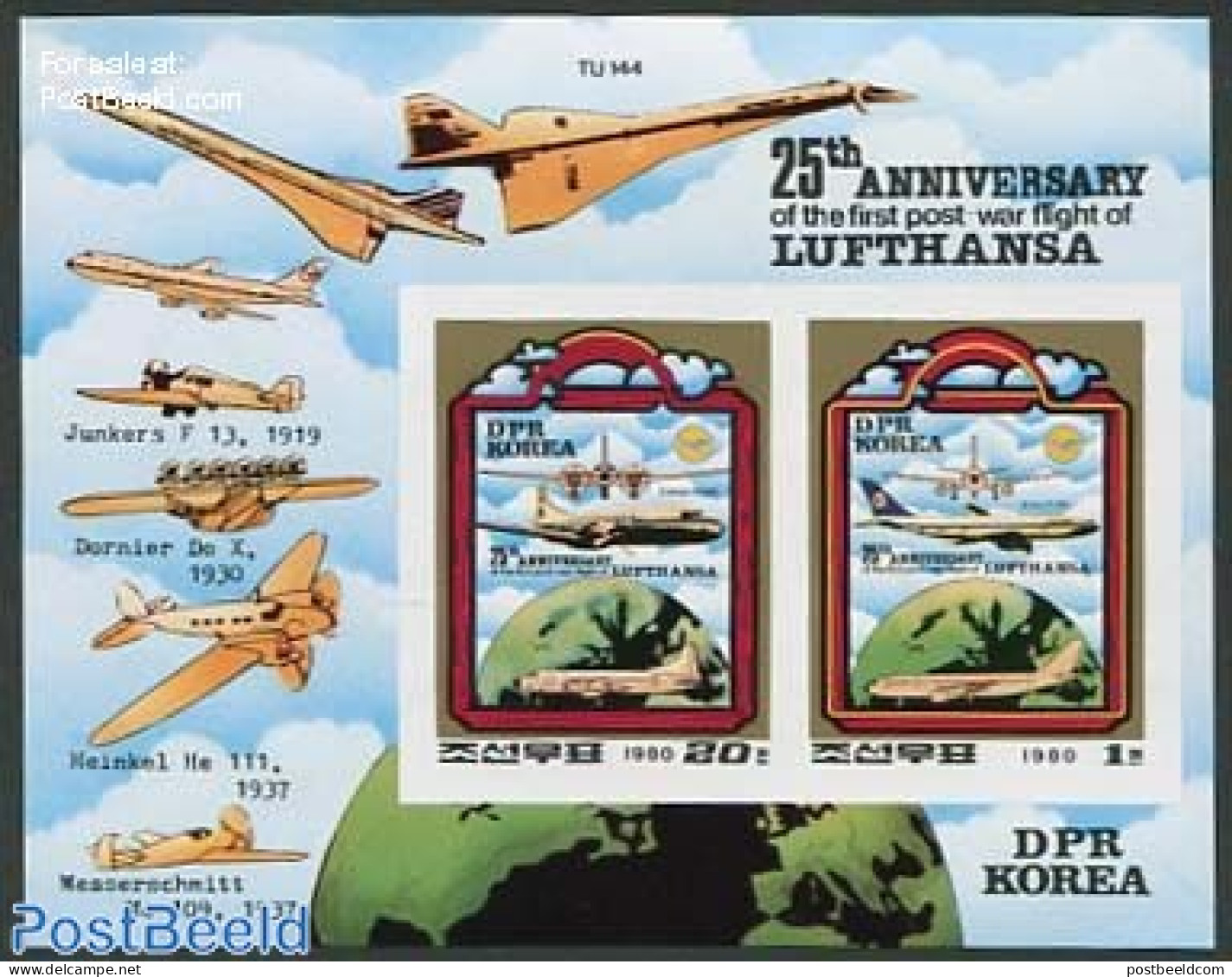 Korea, North 1980 First Lufthansa Post-war Flight M/s, Imperforated, Mint NH, History - Transport - Aircraft & Aviation - Vliegtuigen