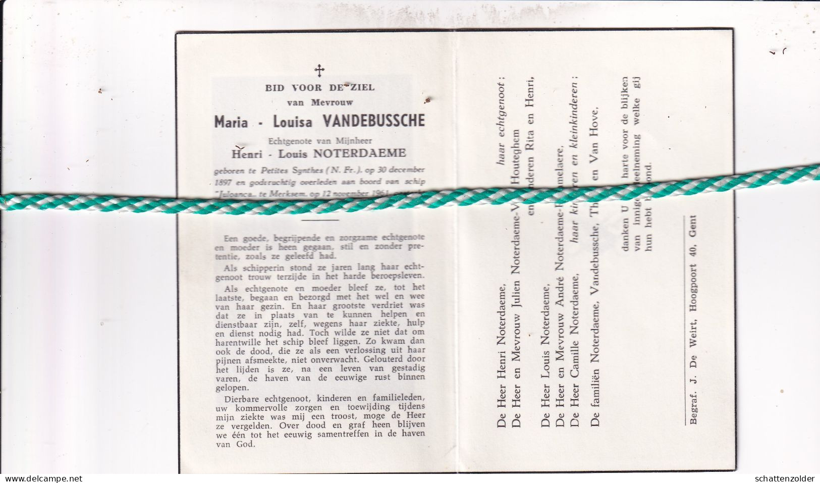 Maria-Louisa Vandebussche-Noterdaeme, Petites Synthes (Fr) 1897, Aan Boord Schip "Juloanca" Te Merksem 1961 - Décès