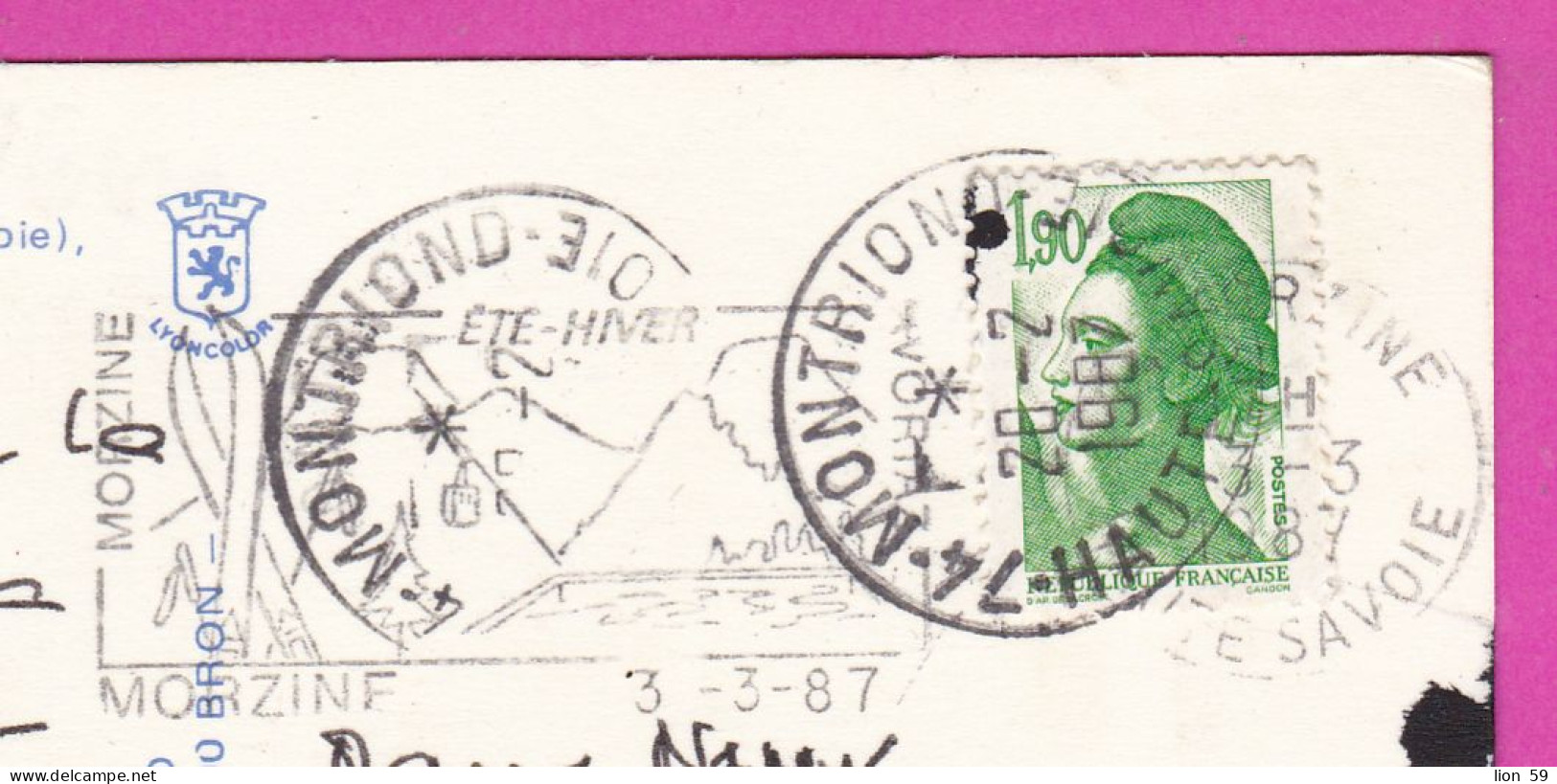 294218 / France - MONTRIOND-LE-LAC (Haute-Savoie) PC 1987 USED 1.90 Fr. Liberty Of Gandon , Flamme Été-Hiver , MORZINE 3 - 1982-1990 Liberté De Gandon