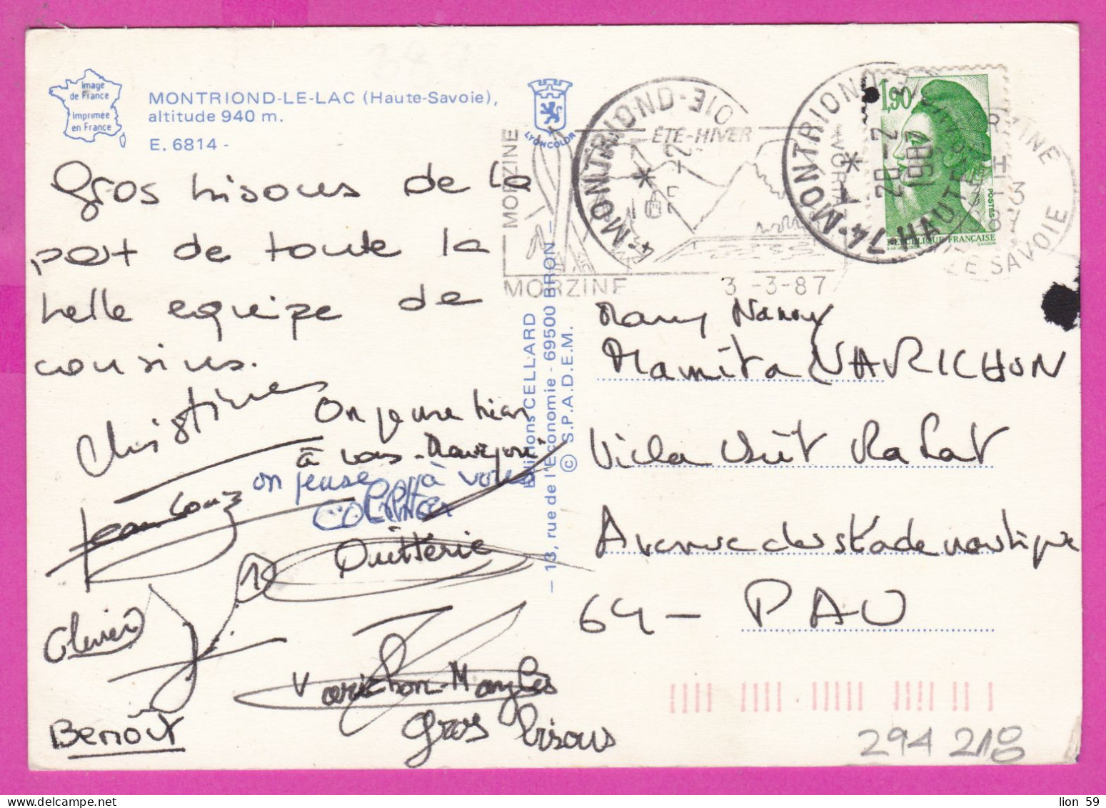 294218 / France - MONTRIOND-LE-LAC (Haute-Savoie) PC 1987 USED 1.90 Fr. Liberty of Gandon , Flamme Été-Hiver , MORZINE 3