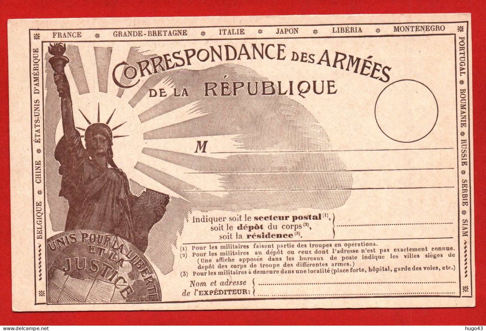 (RECTO / VERSO) CARTE - CORRESPONDANCE DES ARMEES DE LA REPUBLIQUE - SUPERBE AVEC STATUE DE LA LIBERTE - NON VOYAGEE - Lettres & Documents