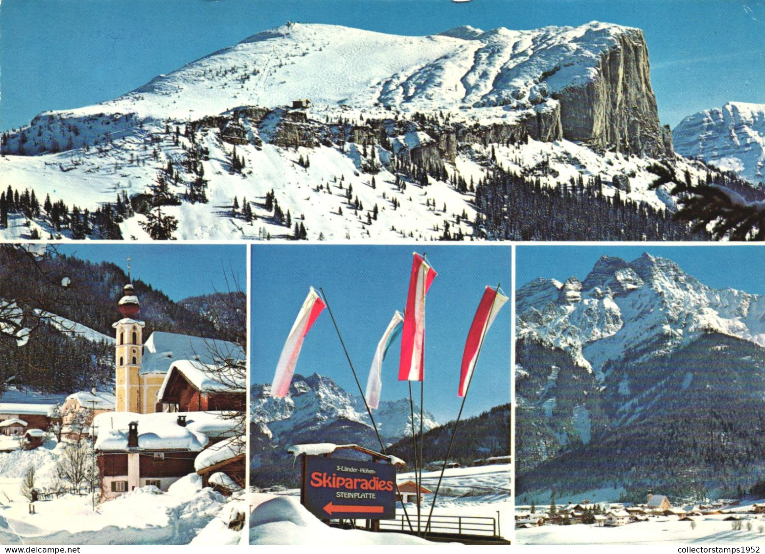 WAIDRING, TIROL, MULTIPLE VIEWS, SKI RESORT, FLAGS, ARCHITECTURE, CHURCH, MOUNTAIN, AUSTRIA, POSTCARD - Waidring