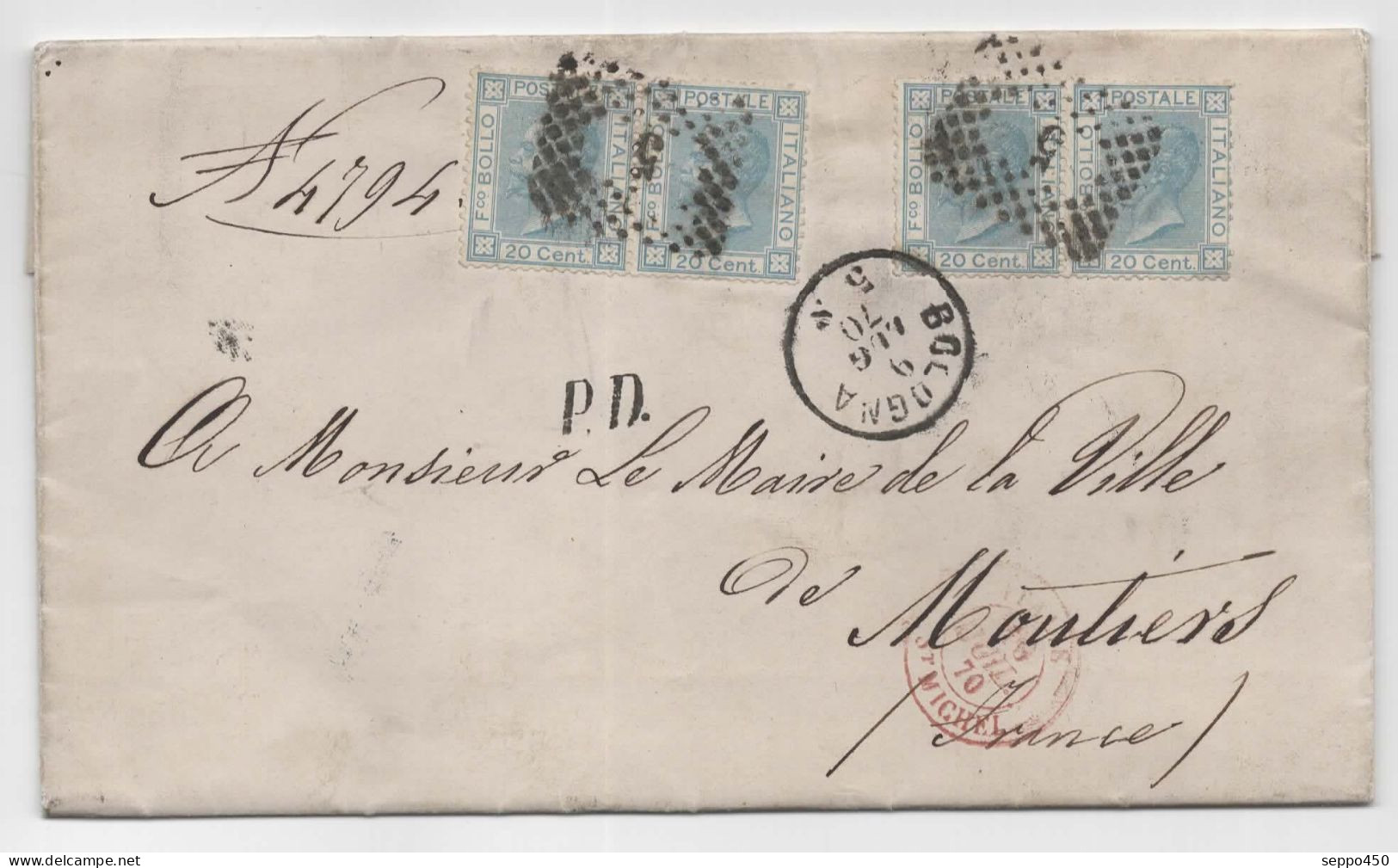 2 PAIRES 20CT BLEU BOLLO ITALIANO ITALIE BOLOGNA JUILLET 1870 PR MAIRE MOUTIERS FRANCE C.A.D DOS STAMPS BRIEFMARKEN - Marcophilia