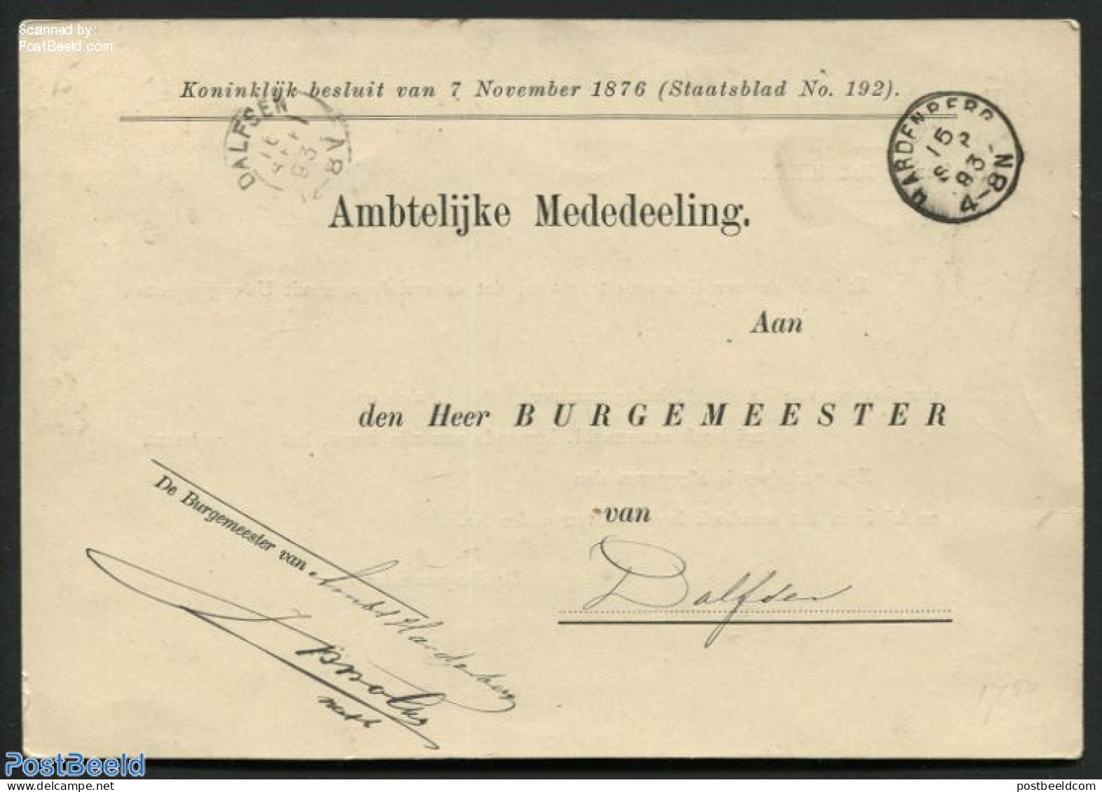 Netherlands, Kleinrond Cancellations 1893 Ambtelijke Mededeeling From Hardenberg To Dalfsen, Postal History - Sonstige & Ohne Zuordnung