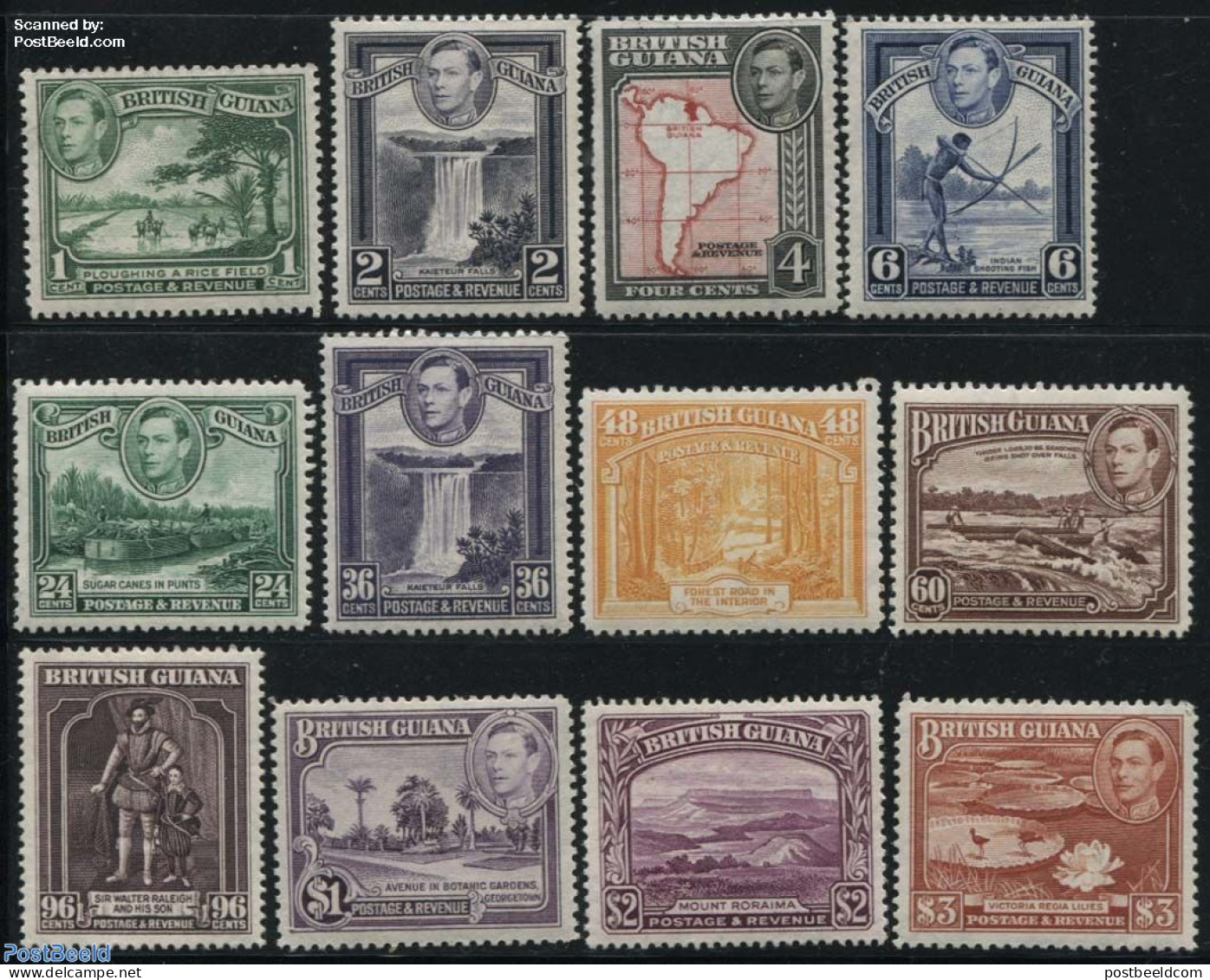 Guyana 1938 Definitives 12v, Unused (hinged), History - Nature - Transport - Various - Fishing - Water, Dams & Falls -.. - Poissons