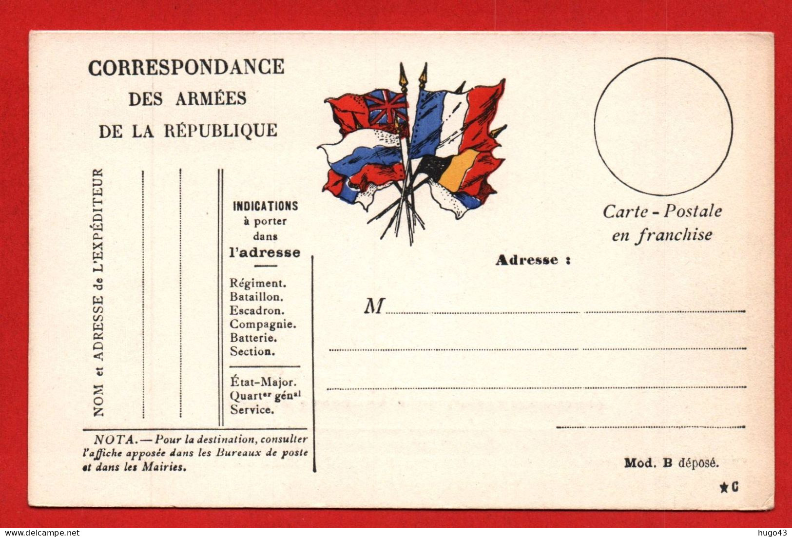 (RECTO / VERSO) CARTE - CORRESPONDANCE DES ARMEES DE LA REPUBLIQUE EN COULEUR - NON VOYAGEE - Briefe U. Dokumente