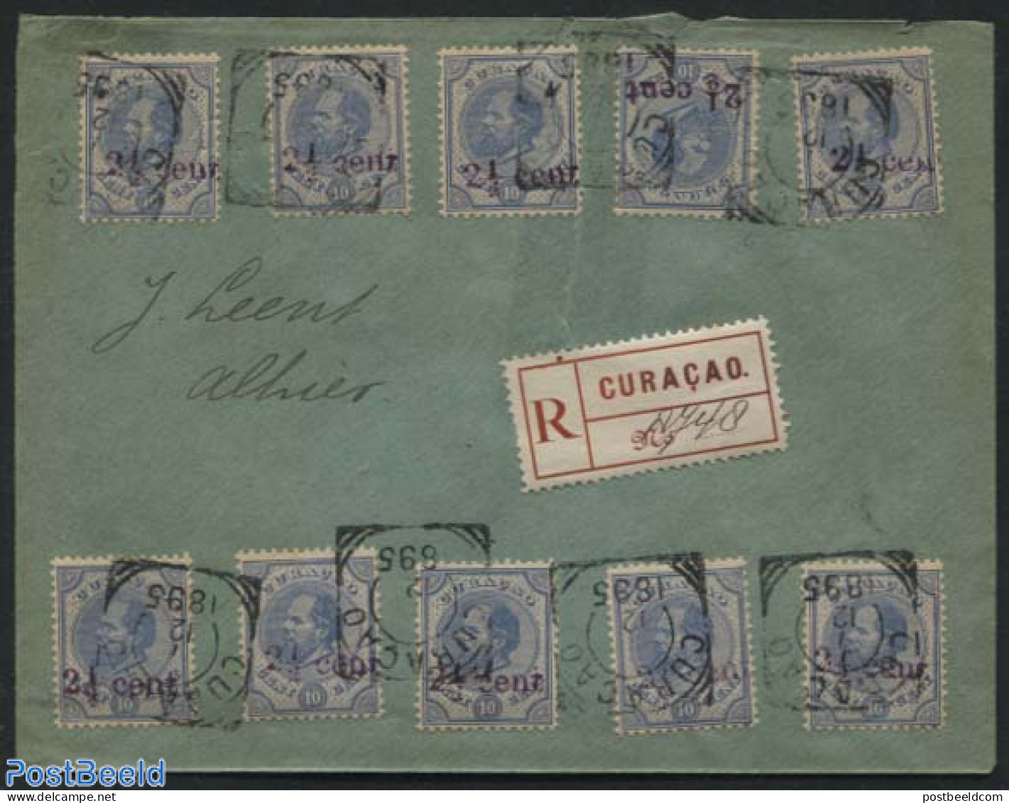 Netherlands Antilles 1895 Local Registered Letter With 10X 2.5c Overprint (NVPH No. 24), Postal History - Autres & Non Classés