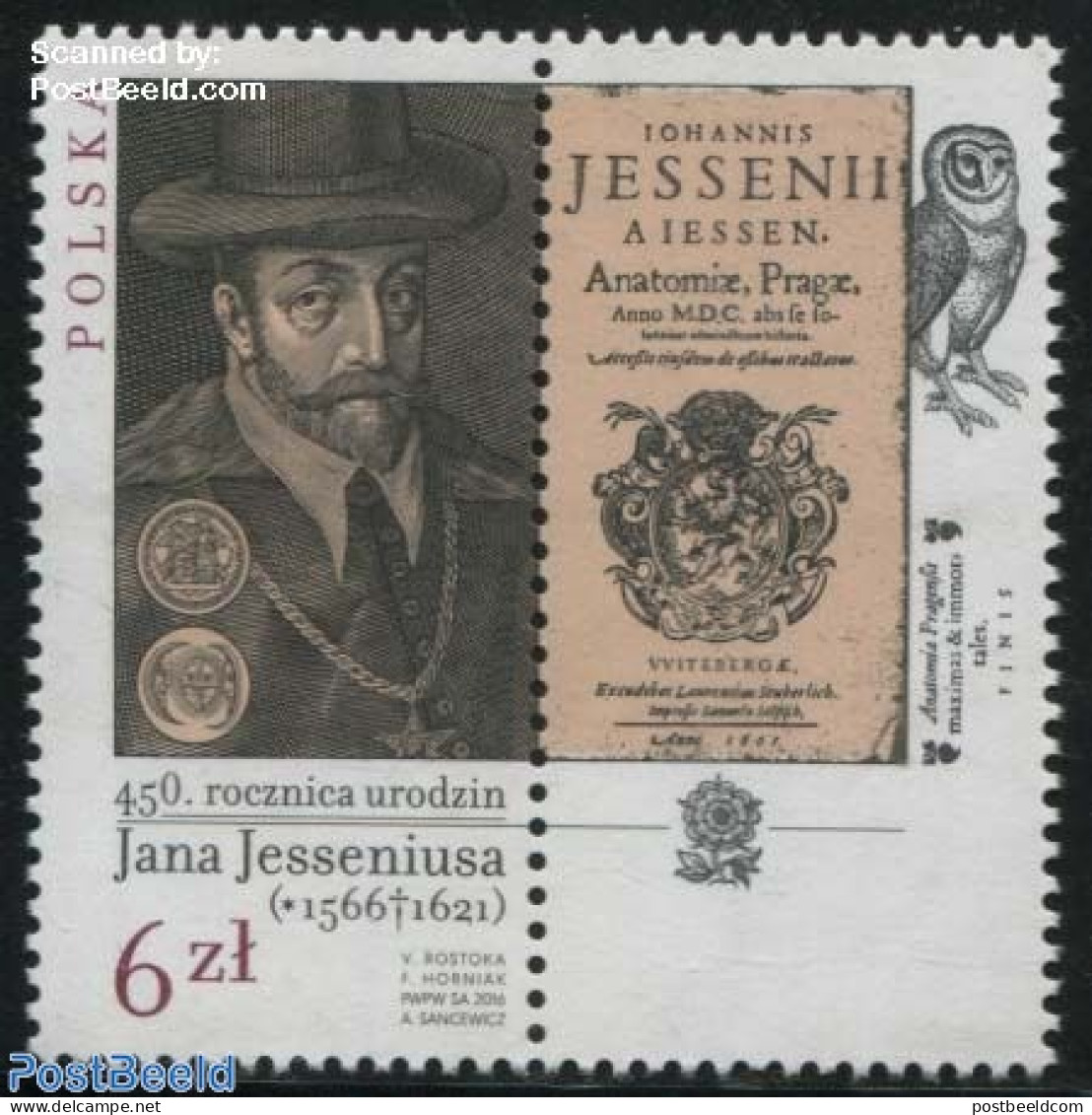 Poland 2016 Jan Jessenius 1v+tab, Joint Issue Czech Republic, Slovakia, Hungary, Mint NH, Health - Nature - Various - .. - Ungebraucht