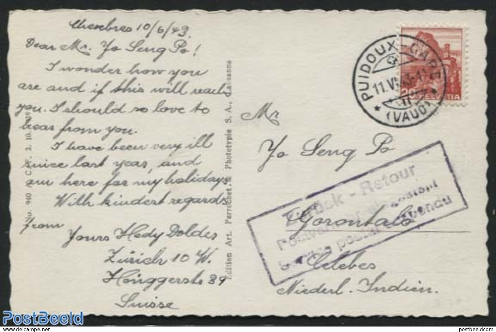 Netherlands Indies 1943 Postcard From Switzerland To Celebes, Returned To Sender, Postal History - Other & Unclassified