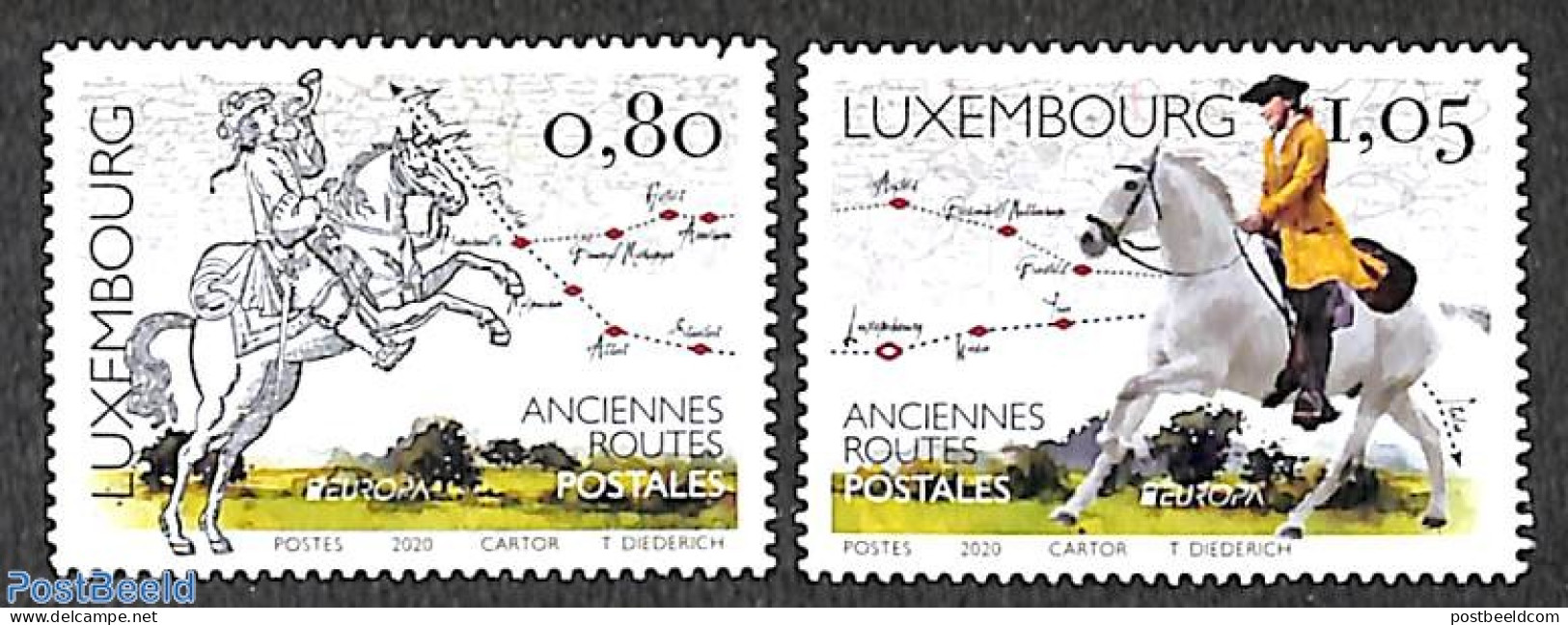 Luxemburg 2020 Europa, Old Postal Roads 2v, Mint NH, History - Nature - Various - Europa (cept) - Horses - Post - Maps - Neufs