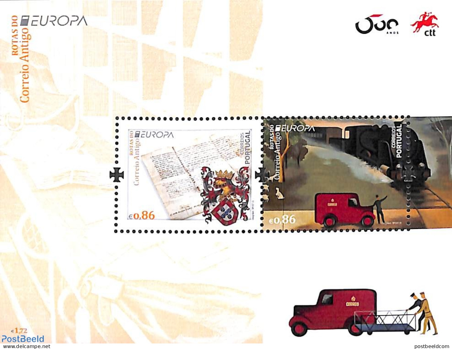 Portugal 2020 Europa, Old Postal Roads S/s, Mint NH, History - Transport - Coat Of Arms - Europa (cept) - Post - Autom.. - Neufs