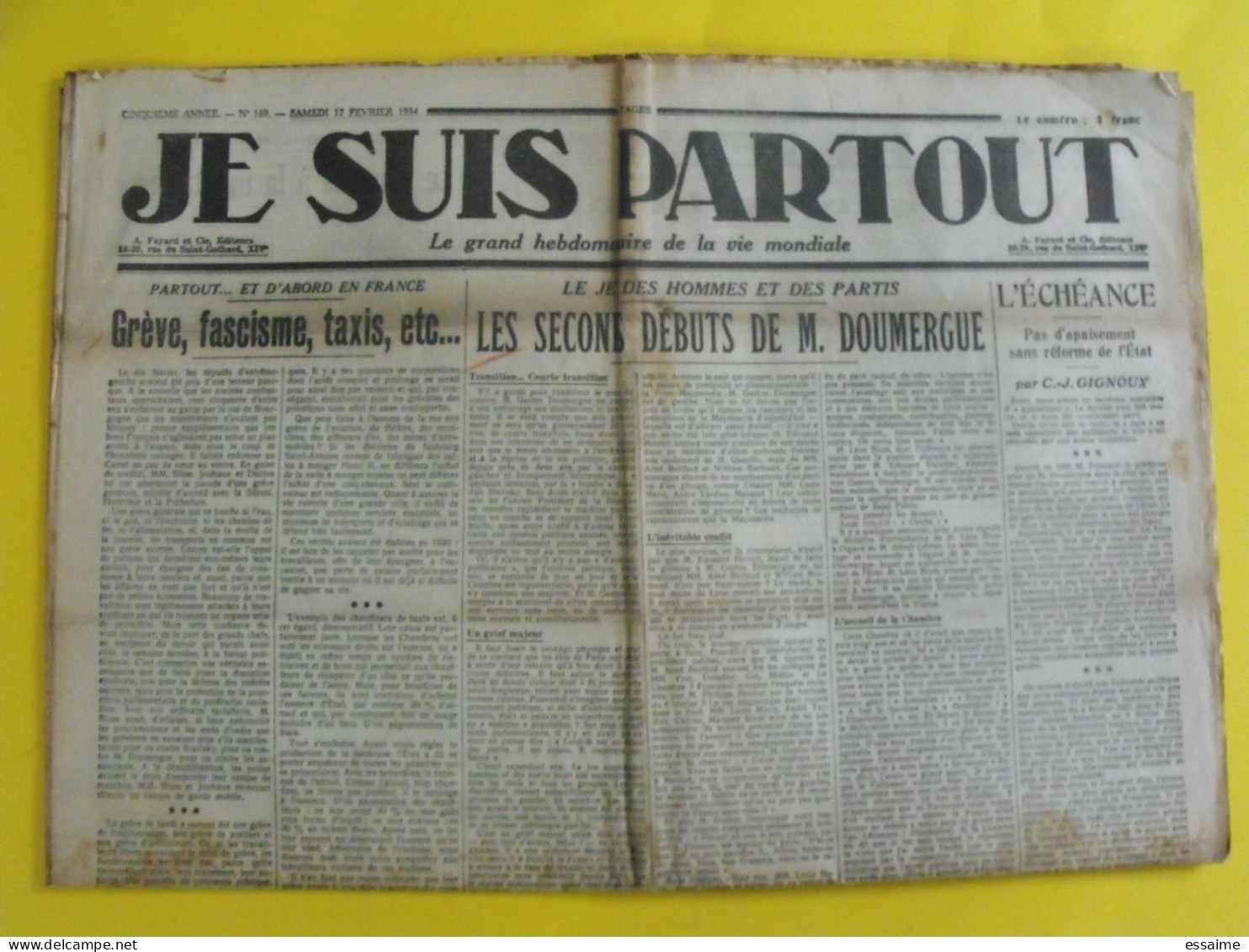 Journal Je Suis Partout Du 17 Février 1934. Doumergue Gignoux Stavisky Massacre De La Concorde - Autres & Non Classés