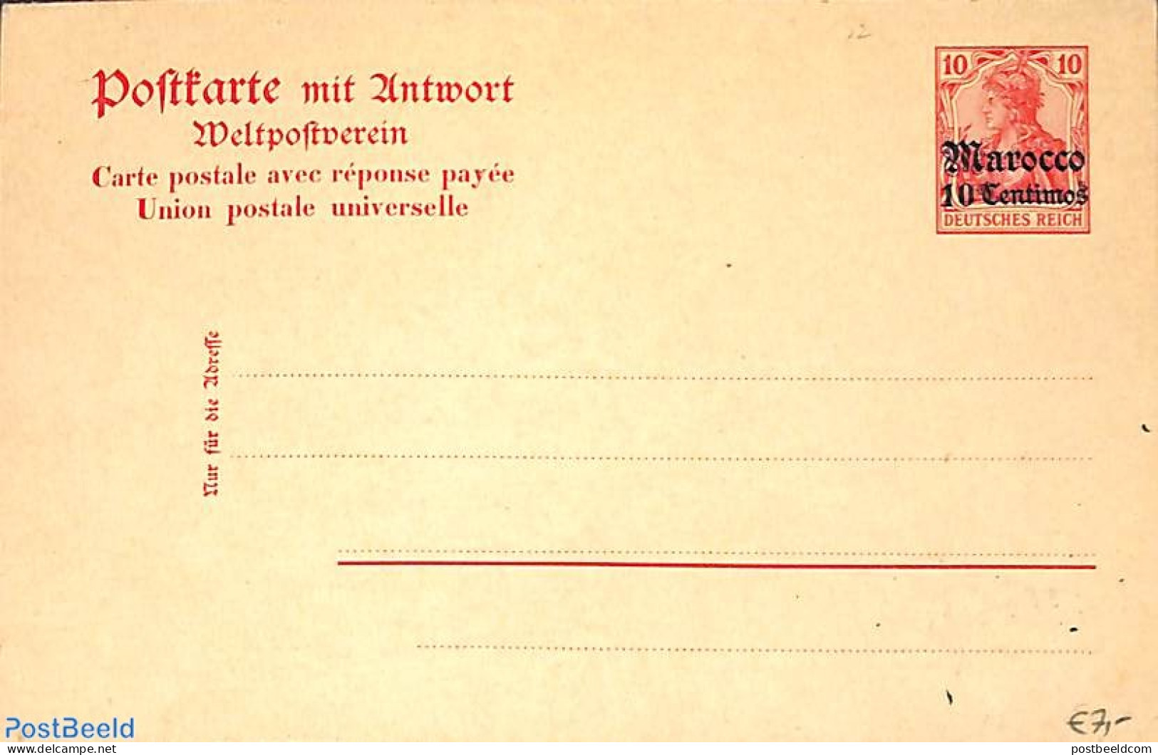 Morocco 1905 Reply Paid Postcard 10/10pf, Unused Postal Stationary - Other & Unclassified