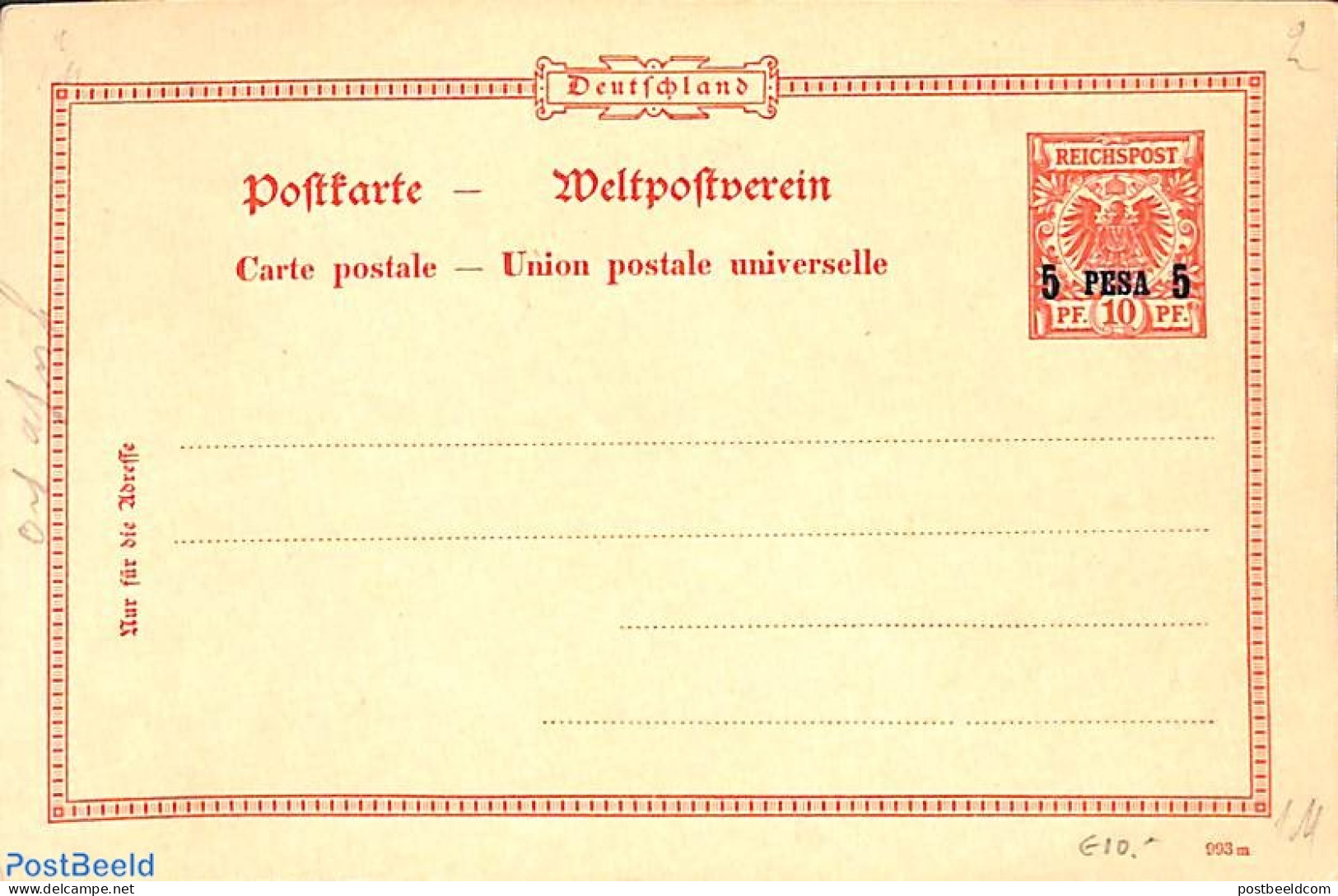 Germany, Colonies 1893 Ostafrika, Postcard 5p On 10pf, Unused Postal Stationary - Other & Unclassified