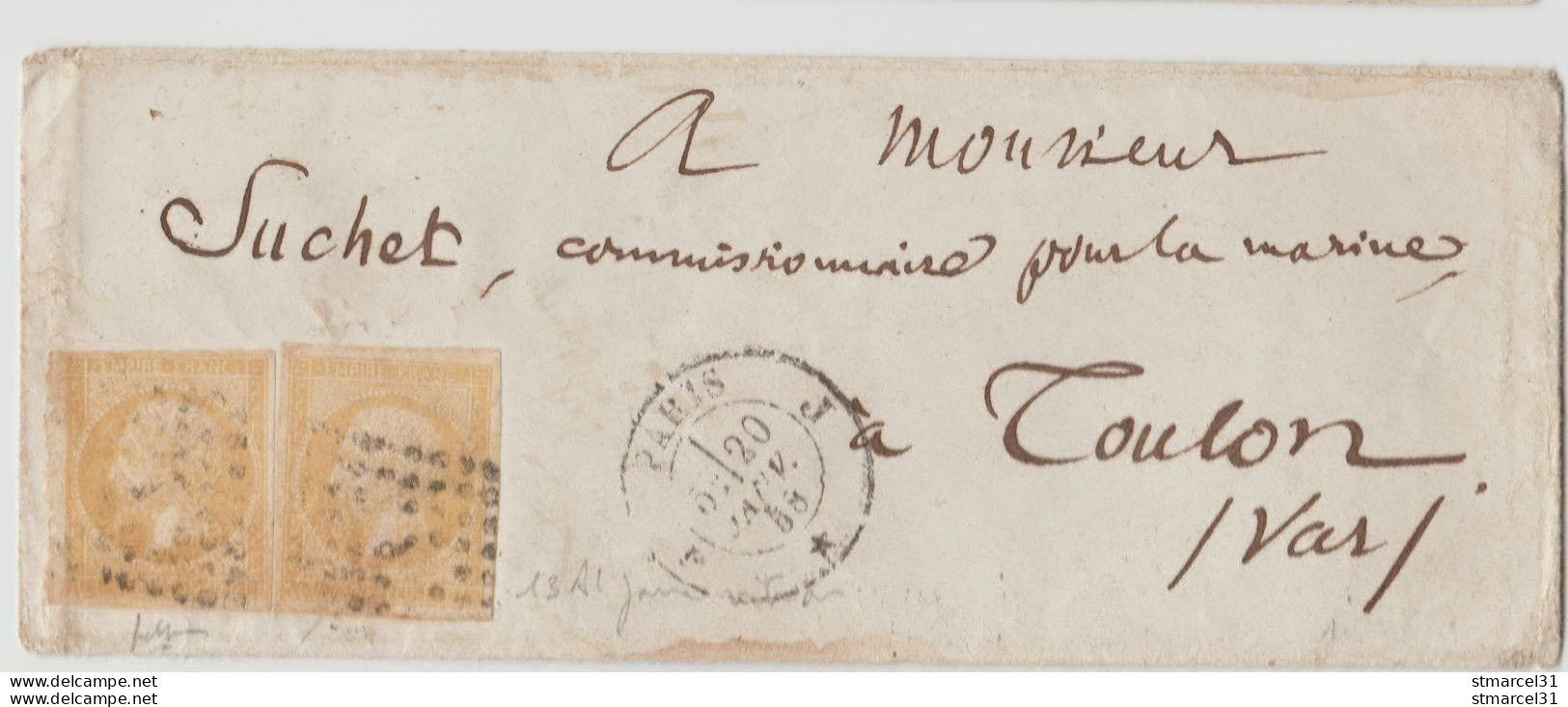 RARETE Enveloppe Avec 2x Jaune Citron Imp Usée 1858 N°13Al TBE Signé - 1853-1860 Napoleon III