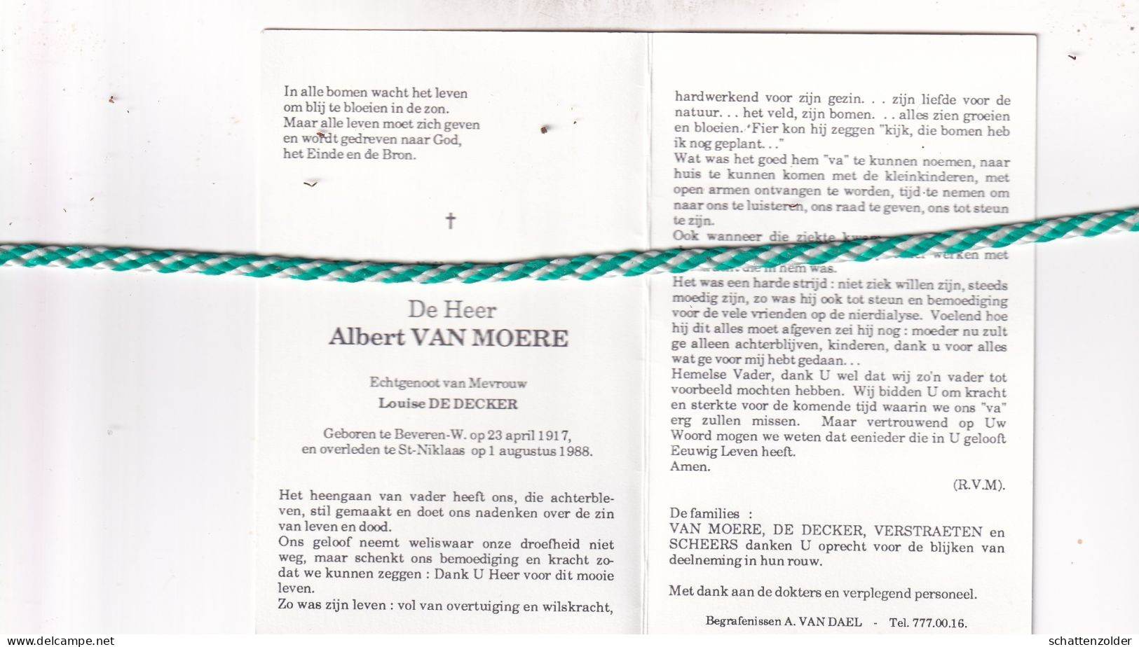 Albert Van Moere-De Decker, Beveren-Waas 1917, Sint-Niklaas 1988 - Décès