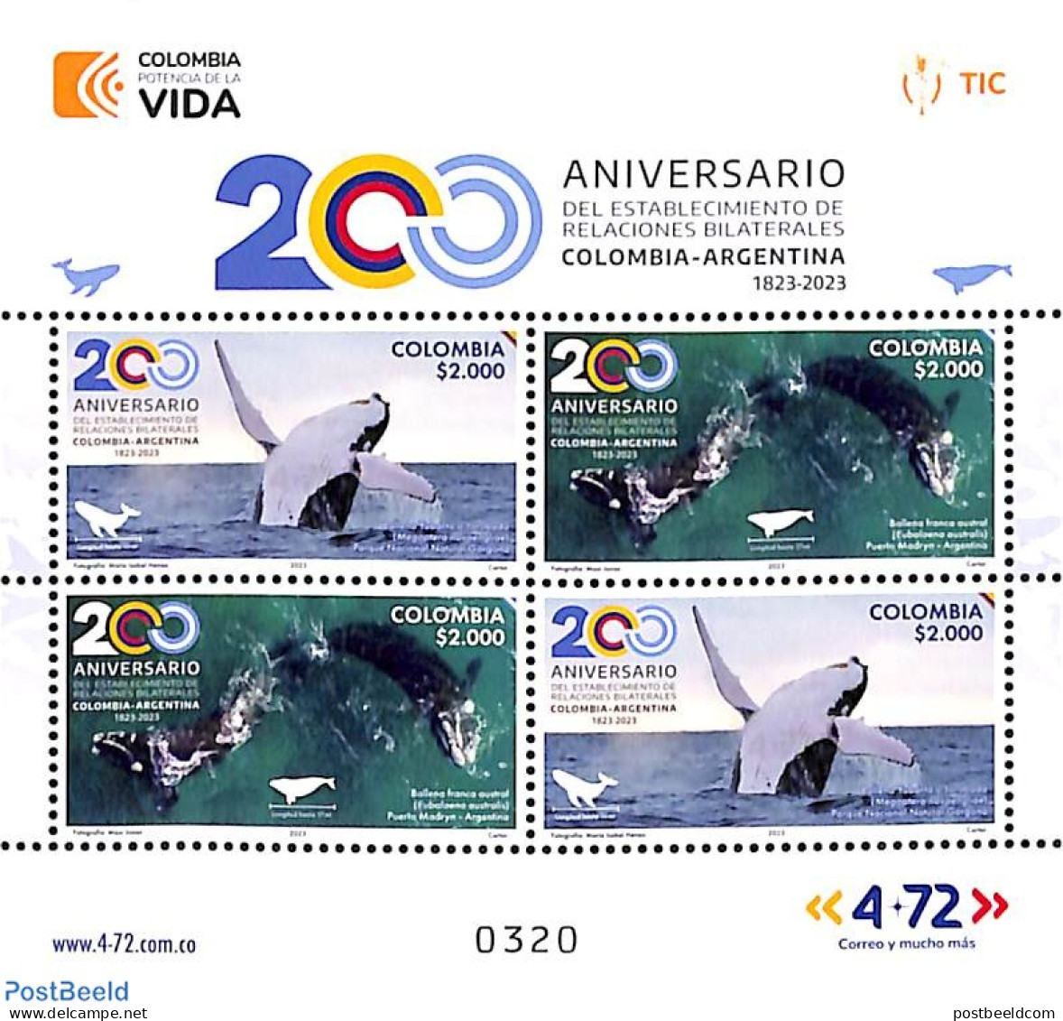 Colombia 2023 Diplomatic Relations With Argentina S/s, Mint NH, Nature - Sea Mammals - Kolumbien