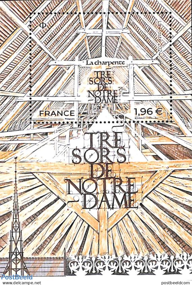 France 2024 Notre Dame Wood Construction S/s, Mint NH, Religion - Churches, Temples, Mosques, Synagogues - Neufs