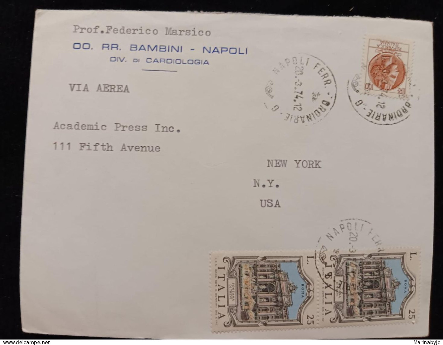 C) 1974. ITALY. AIRMAIL ENVELOPE SENT TO USA. MULTIPLE STAMPS. XF - Europe (Other)