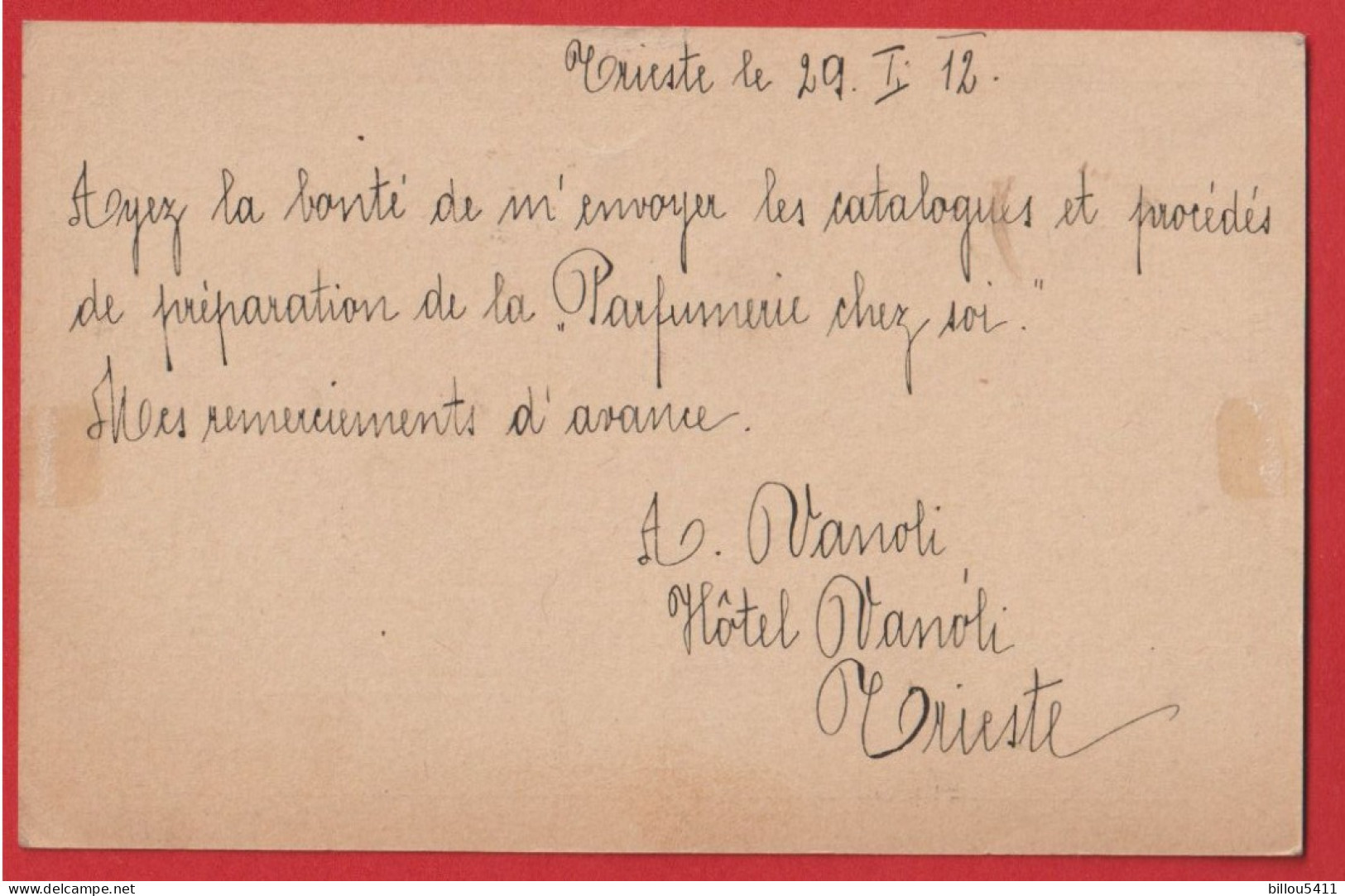 POSTKARTE TRIESTE 1912  ( Parfums éclair à Lyon ) &  ( Hotel Vanoli à Trieste ) - Autres & Non Classés