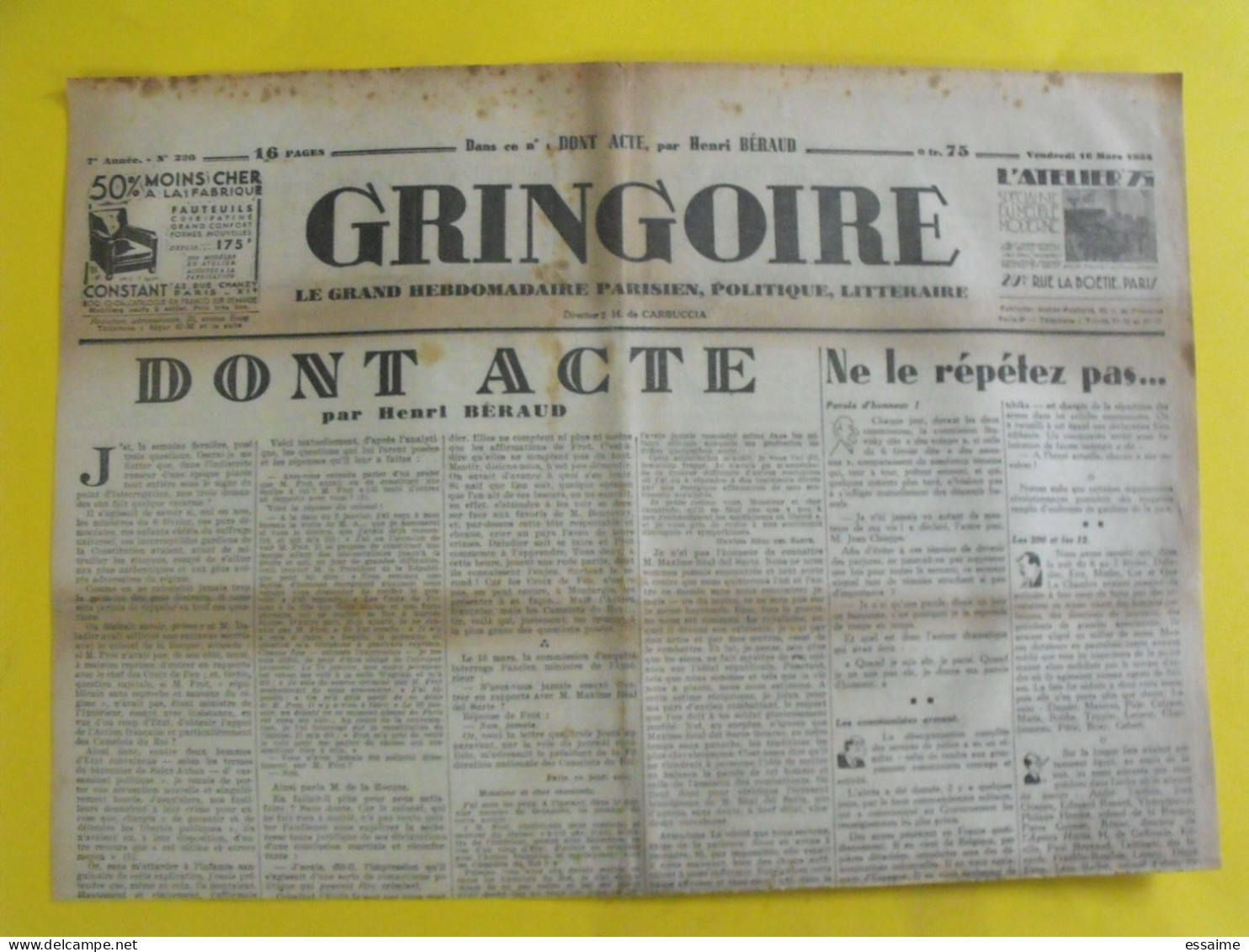 Journal Gringoire Du 16 Mars 1934. Carbuccia Béraud Prince Bony Herriot Caillaux Dreyfus Sarraut Daladier Frot Daudet - Other & Unclassified