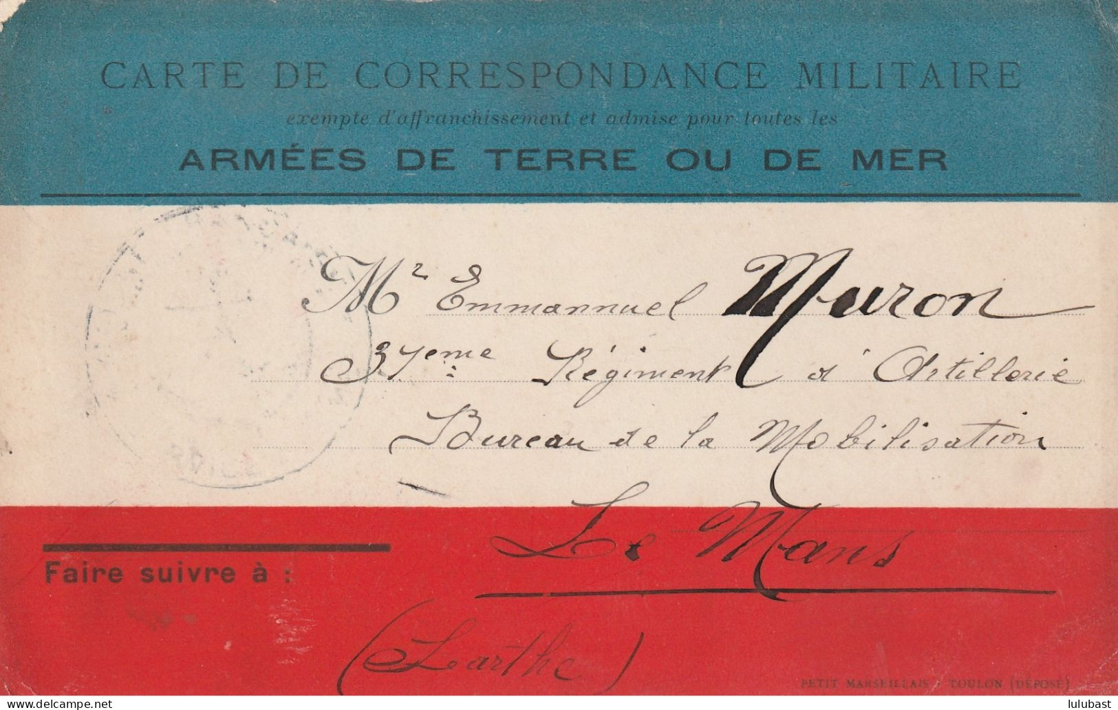 Carte FM Tricolore Pour Le Mans. - 1. Weltkrieg 1914-1918
