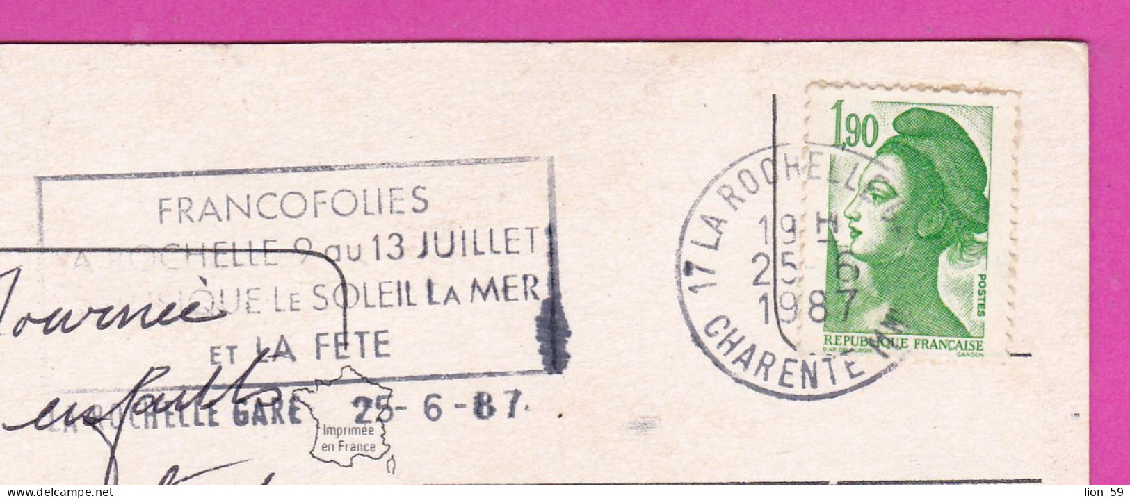 294219 / France - La Rochelle En Aunis PC 1987 USED 1.90 Fr. Liberty Of Gandon , Flamme Musique Le Soleil La Mer Et La F - 1982-1990 Liberty Of Gandon