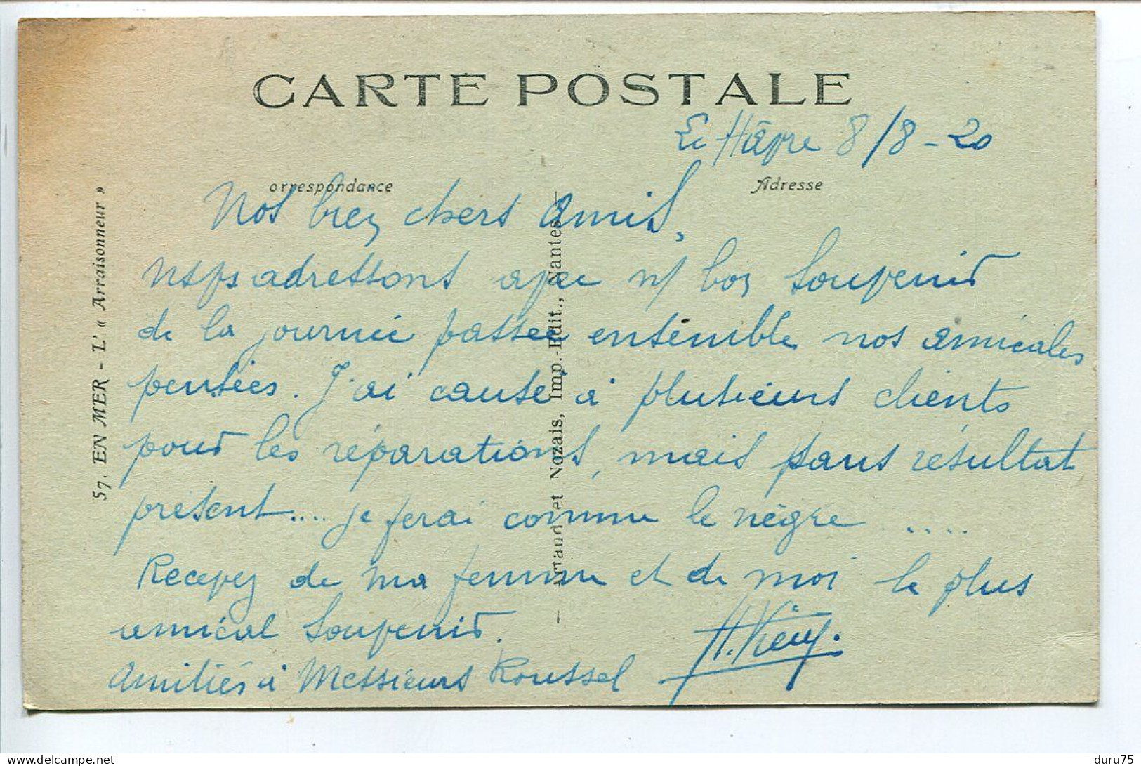 CPA Couleur Bleue Ecrite En 1920 * EN MER L'Arraisonneur ( Bateau Vapeur ) - Autres & Non Classés
