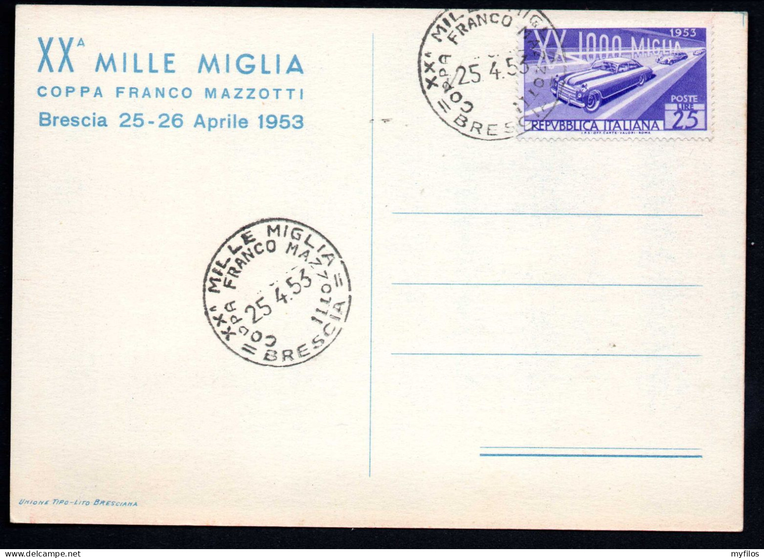 1953 ITALIA XX° MILLE MIGLIA BRESCIA COPPA MAZZOTTI - Maximum Cards