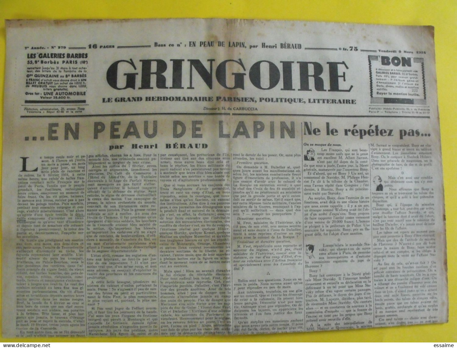 Journal Gringoire Du 9 Mars 1934. Carbuccia Béraud Bailby Staviky  Garat Bonnaure La Rocque Devaux Hauteclocque - Sonstige & Ohne Zuordnung