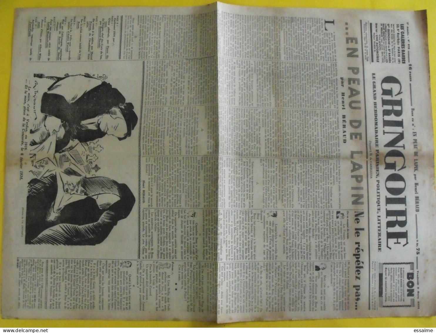 Journal Gringoire Du 9 Mars 1934. Carbuccia Béraud Bailby Staviky  Garat Bonnaure La Rocque Devaux Hauteclocque - Andere & Zonder Classificatie