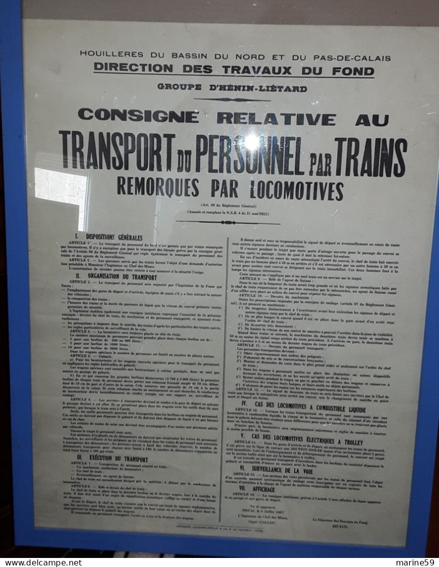 MA 170 - AFFICHE : Houillères Des Bassins Du Nord - Direction Des Travaux Du Fond - TRANSPORT Du Personnel Par Trains.. - Posters