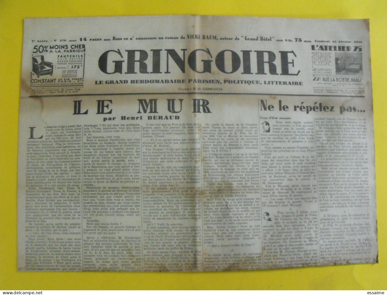 Journal Gringoire Du 16 Février 1934. Carbuccia Béraud Daladier Cot Frot Mistler Guy La Chambre Blum - Andere & Zonder Classificatie