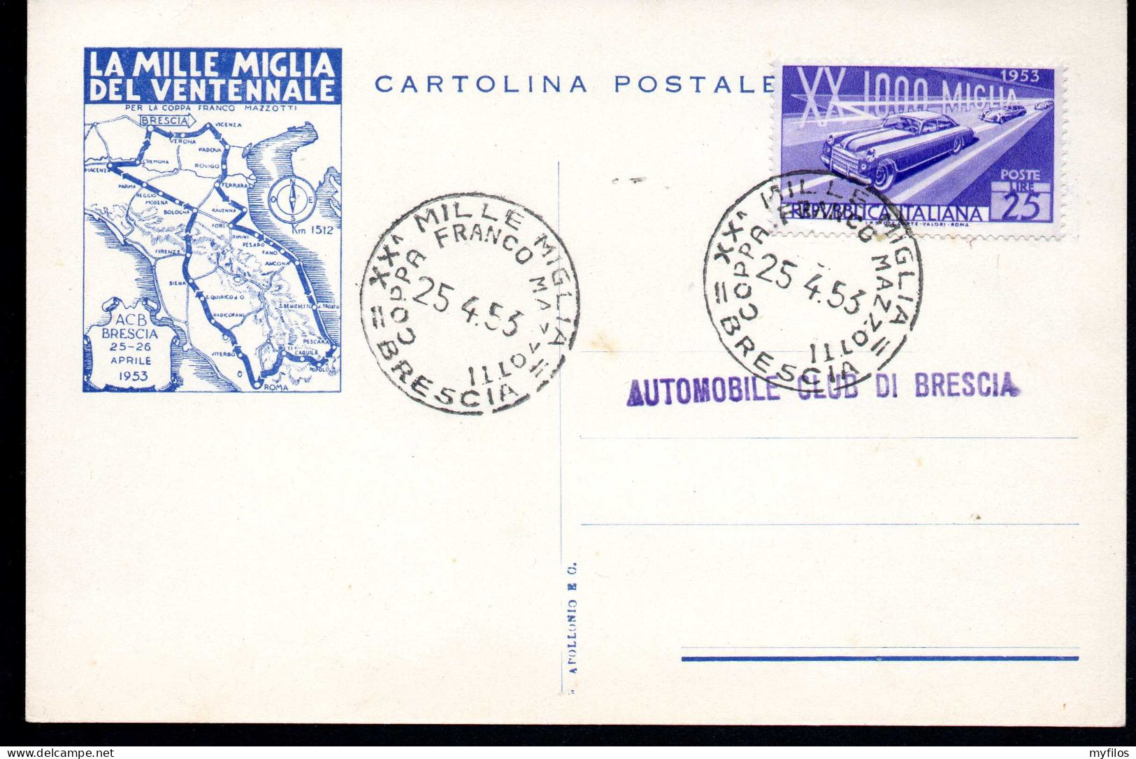 1953 ITALIA XX° MILLE MIGLIA BRESCIA COPPA MAZZOTTI - Maximumkarten (MC)