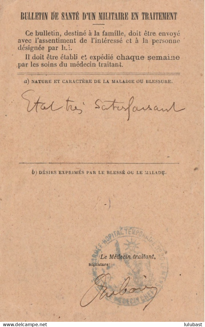 Carte  (bulletin De Santé) De L' HÔPITAL COMPLEMENTAIRE N°20 / LE MANS."  + Autre Cachet Au Verso (déesse Assise). - 1. Weltkrieg 1914-1918
