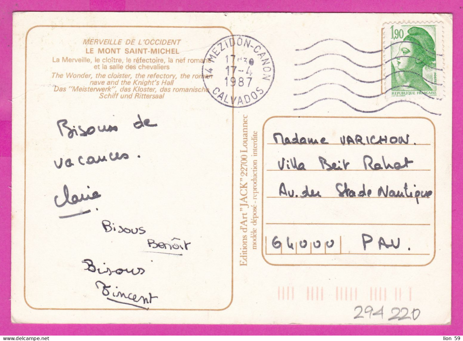 294220 / France - The Abbey Of Mont Saint-Michel PC 1987 Mezidon-Canon Calvados USED 1.90 Fr. Liberty Of Gandon - 1982-1990 Liberté (Gandon)
