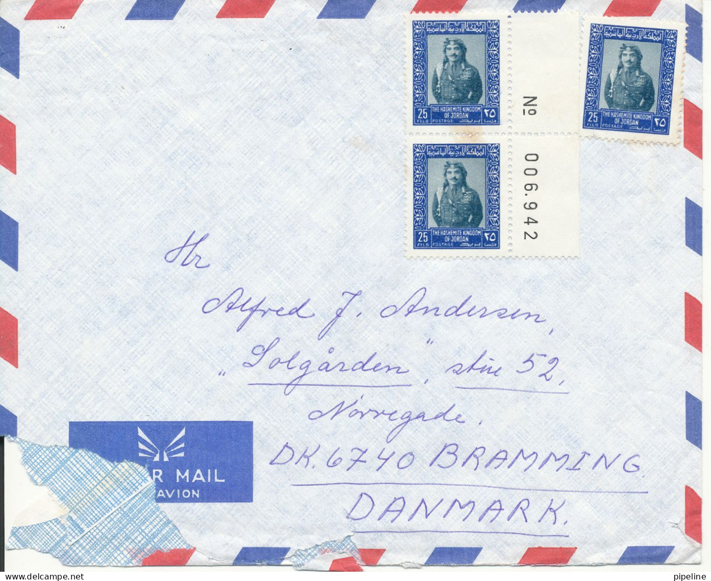 Jordan Air Mail Cover Sent To Denmark 1977 ? No Postmark On The Stamps (sent From UNRWA Temp H.Q.) Cover Damaged In The - Jordanie