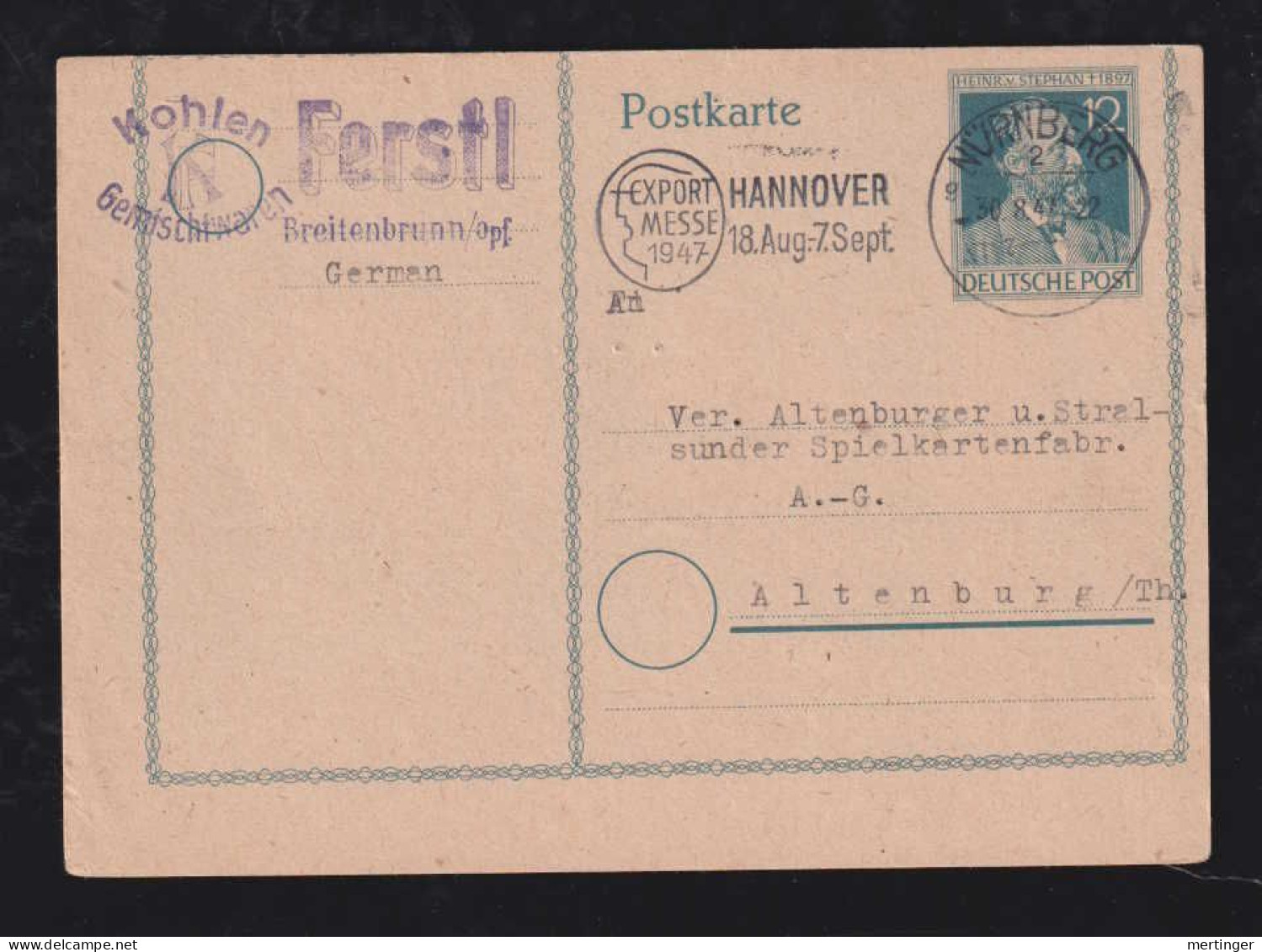 All. Besetzung 1947 Postkarte Ganzsache 12Pf Verschnitten NÜRNBERG X ALTENBURG - Lettres & Documents