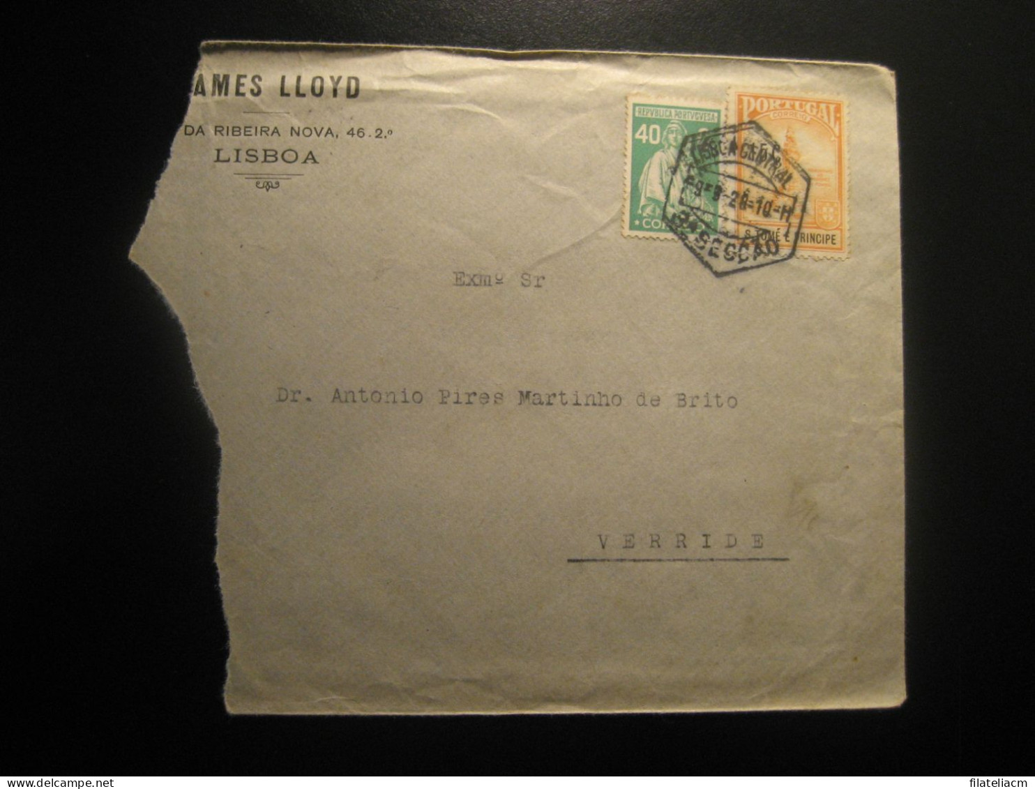 LISBOA Lloyd 1928 To VERRIDE Mixed Franking Stamp Pombal Damaged Cancel Cover Portuguese Colonies Portugal Guinea Area - St. Thomas & Prince