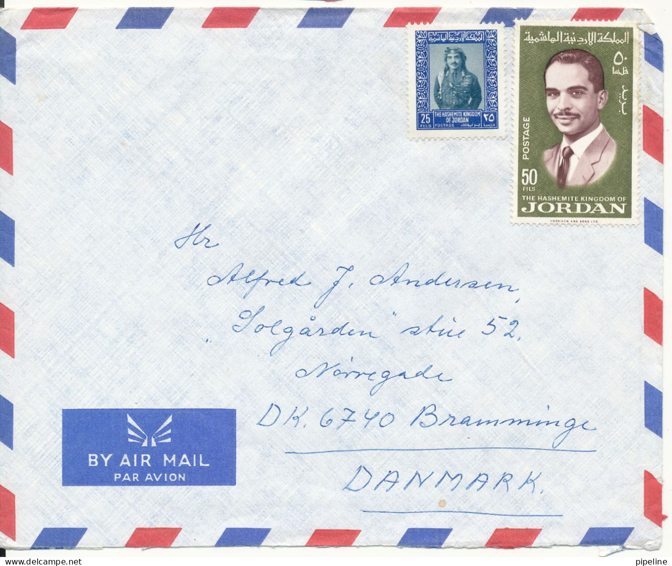 Jordan Air Mail Cover Sent To Denmark 1977 ? No Postmark On The Stamps (sent From UNRWA Temp H.Q.) - Jordanie