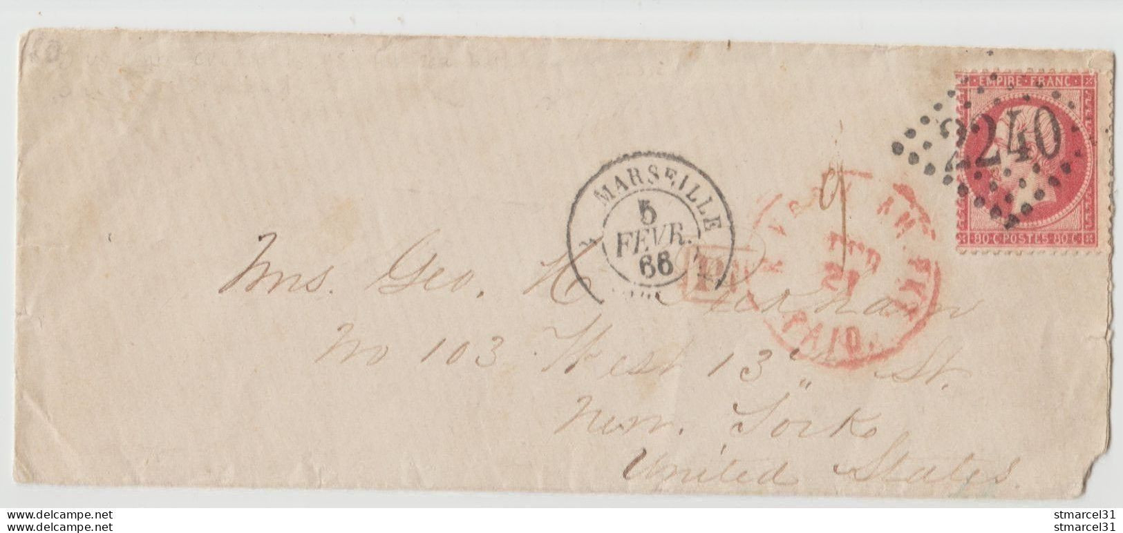 AU 1er SERVI ENVELOPPE  Pour NEW YORK ETATS UNIS N°24 TBE - 1862 Napoleone III