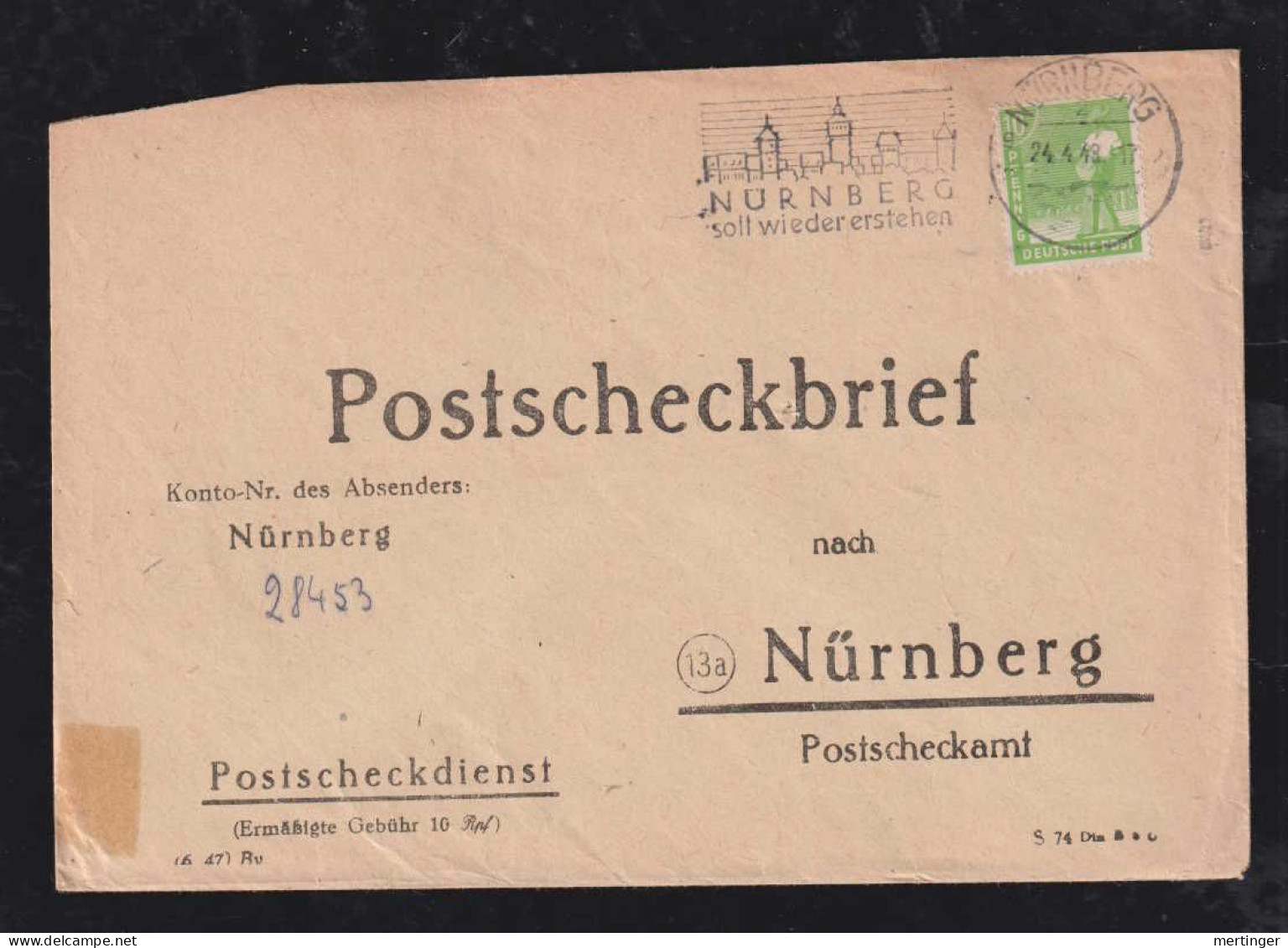 All. Besetzung 1948 10Pf EF Postscheckbrief NÜRNBERG - Covers & Documents